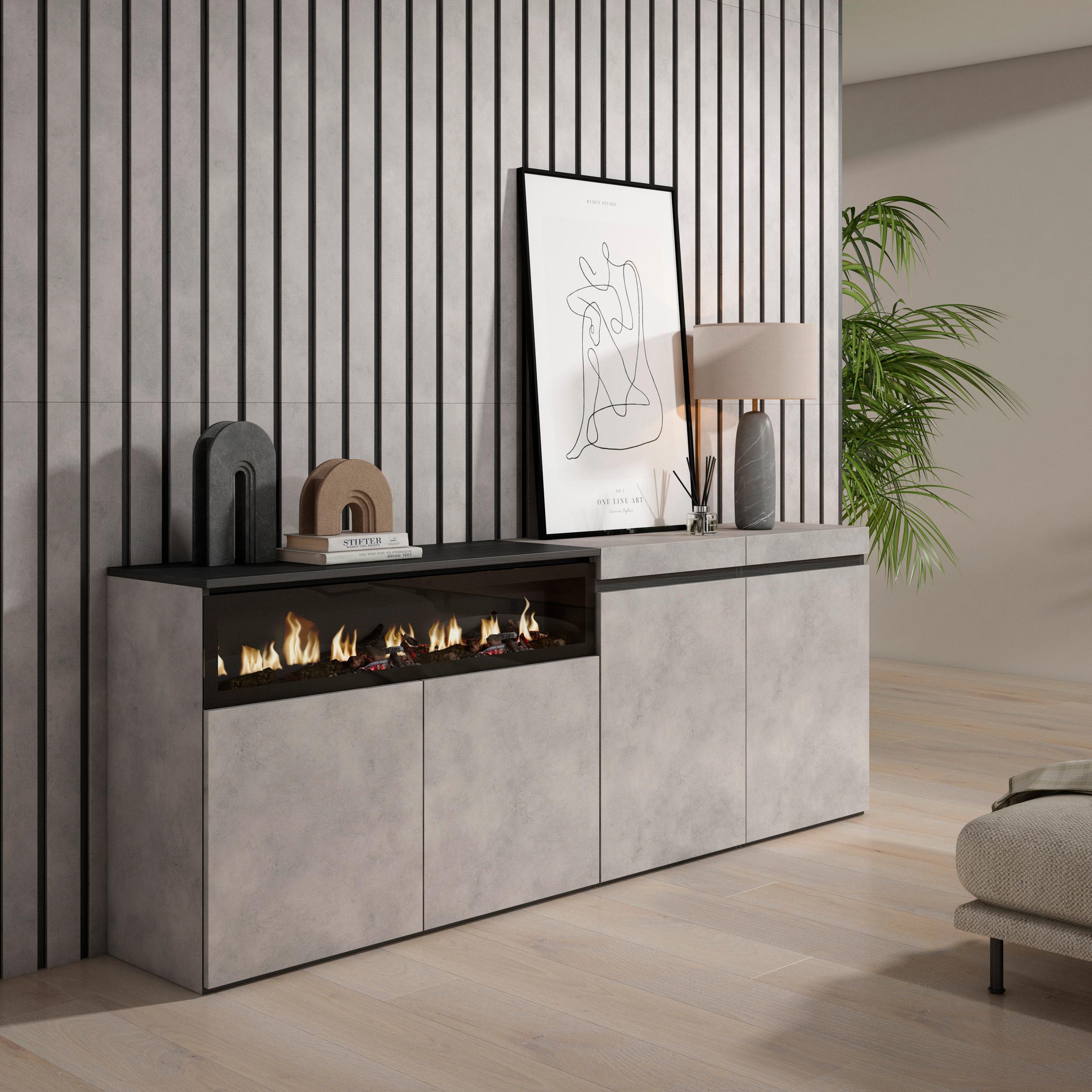 Credenza Skraut Home Con Camino Elettrico A LED – 200x75x35cm, 4 Porte, Stile Moderno, Colore Cemento E Nero, Effetto 3D