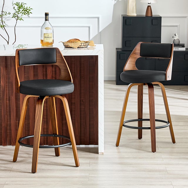 Lot de 2 tabourets de bar avec dossier, structure en bois, cuir PU, 92 cm, tabourets de bar, noir