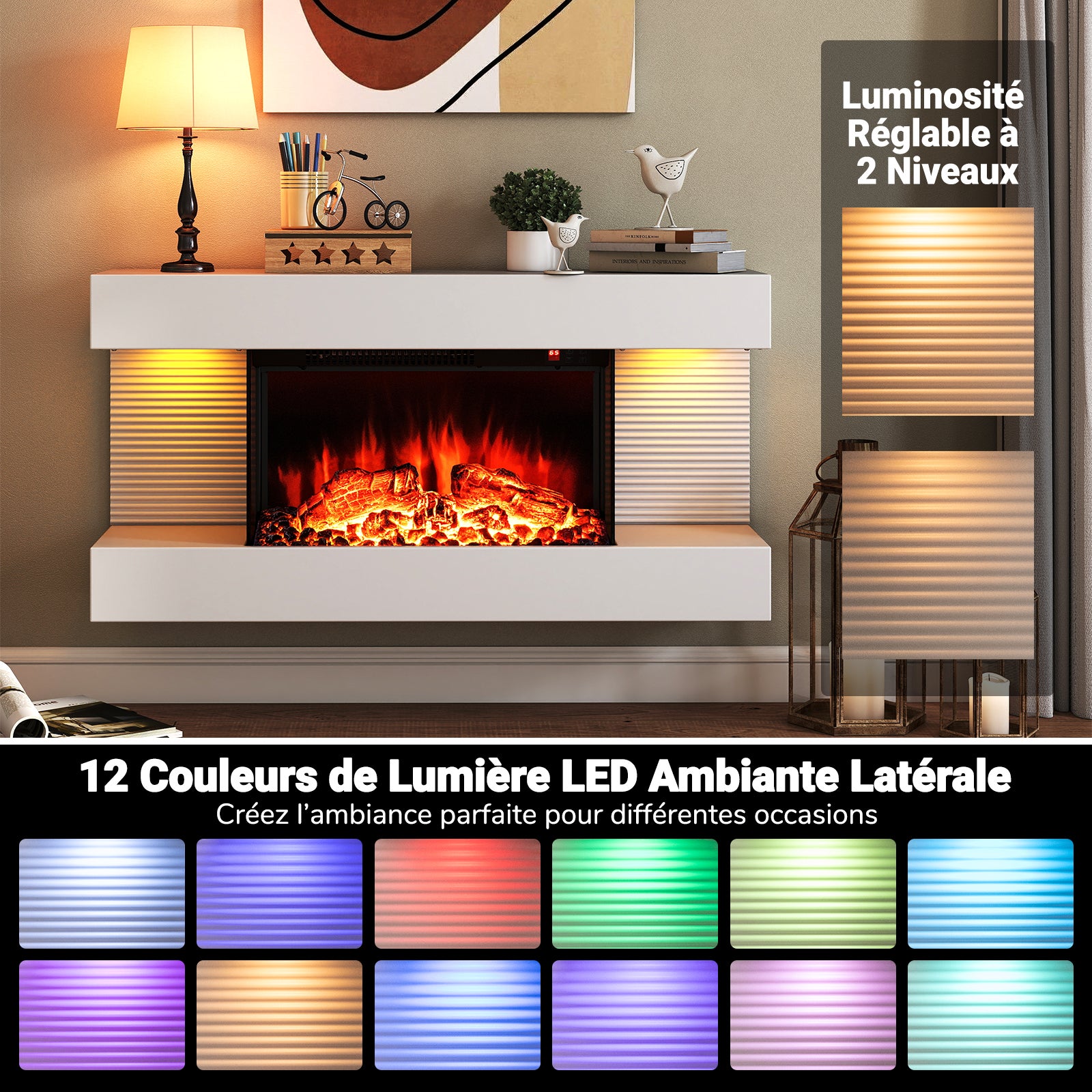 Elektryczny kominek ścienny z 3 stronami i ruchomą obudową, ogrzewanie 750 W/1500 W z oświetleniem LED, 12 kolorów płomienia, 8-godzinny timer - 8