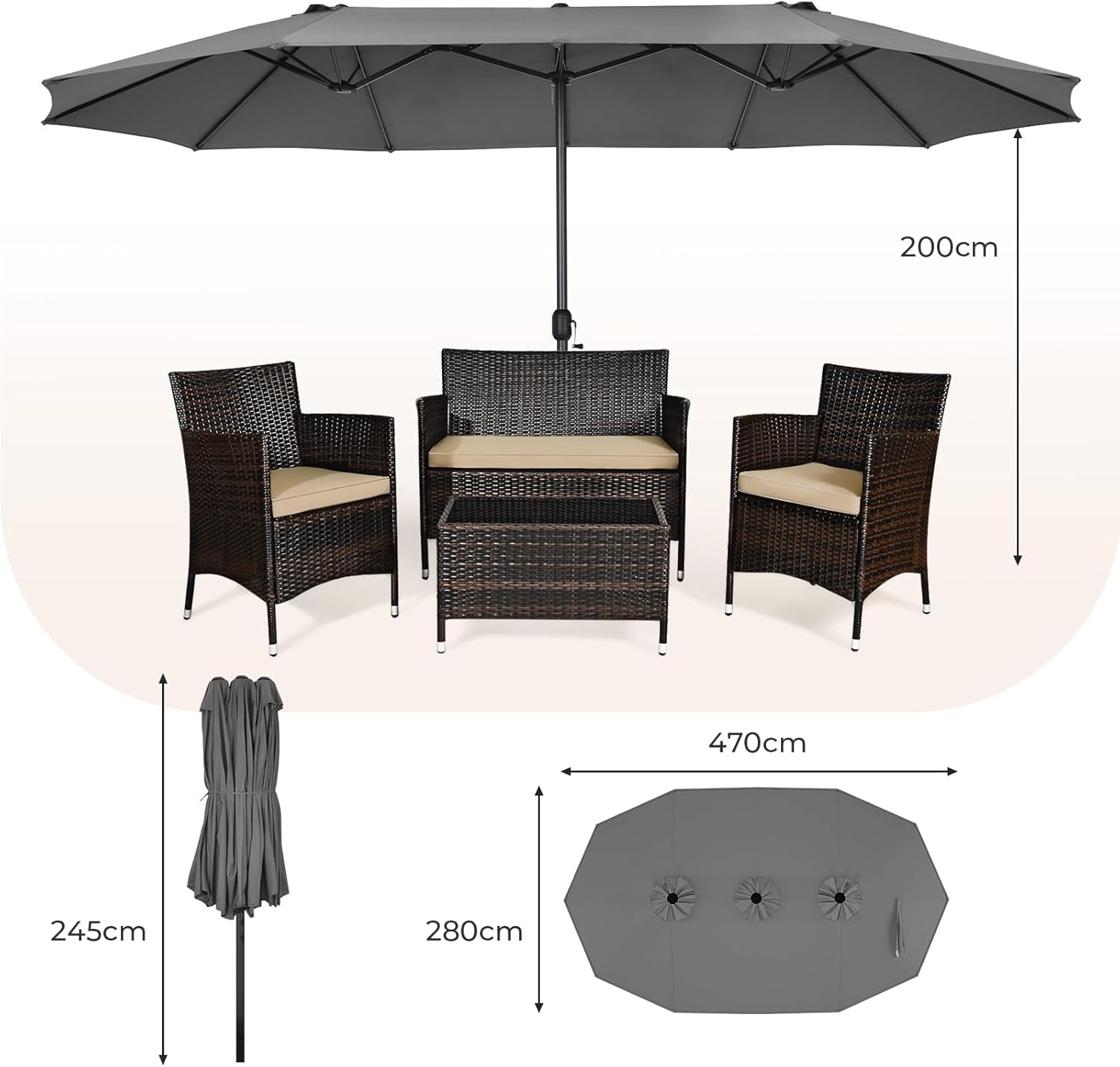 Parasol de Jardin Exterieur 4,7M Grand Parasol Manivelle, 12 Baleines, Poteau Φ48MM, Résistant aux UV, Parasol Double Face Base Non Incluse, Gris - 3