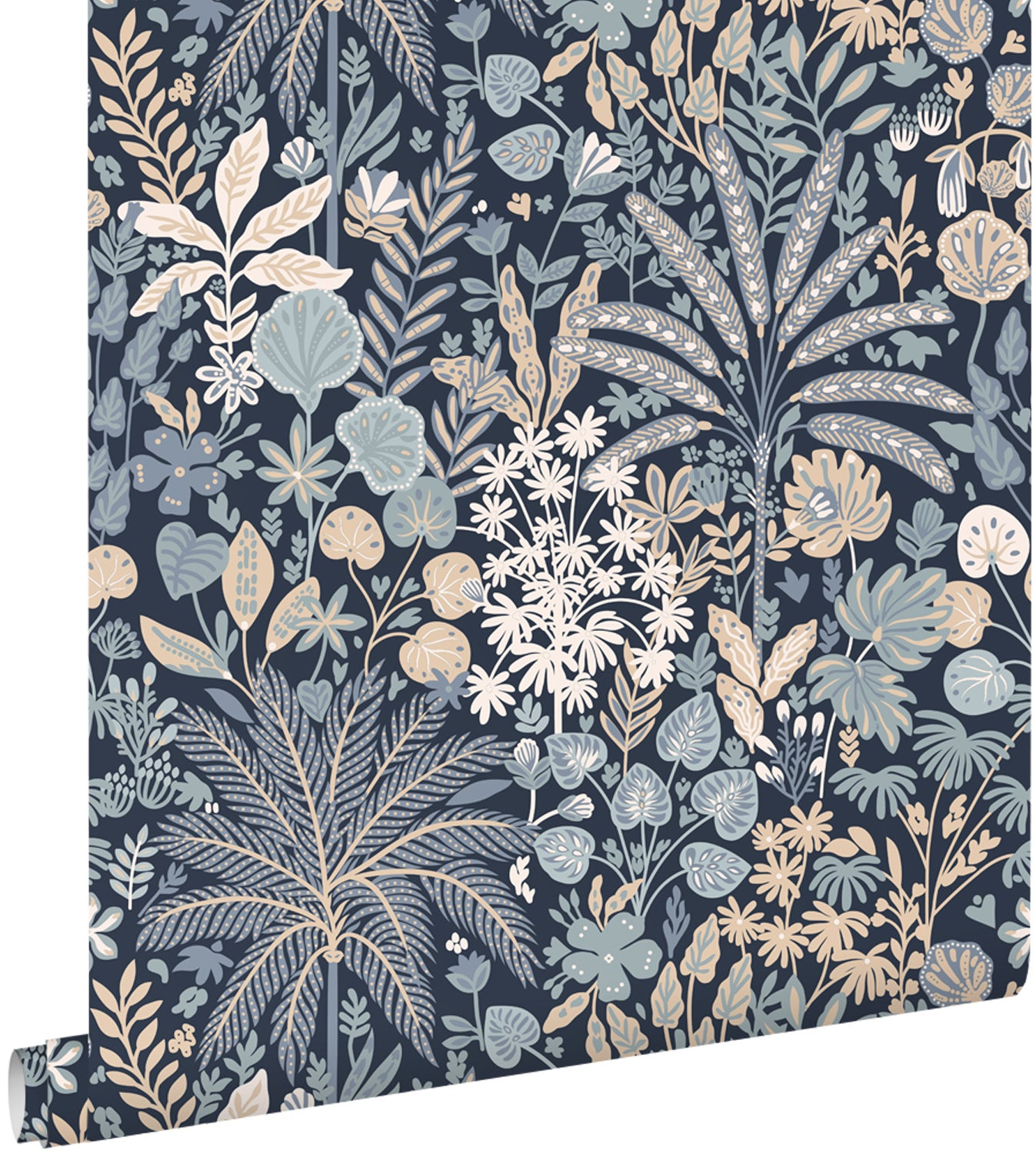 Papier Peint intissé feuilles et fleurs tropicales bleu gris et beige ...