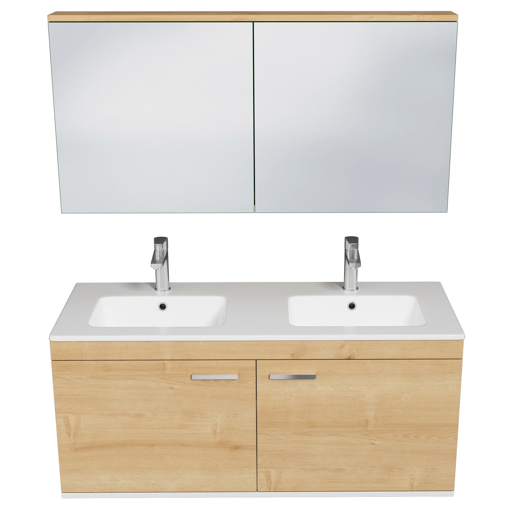 RUBITE meuble double vasque encastrée L. 120 cm + miroir armoire 2 portes chêne clair salle de bain - 4
