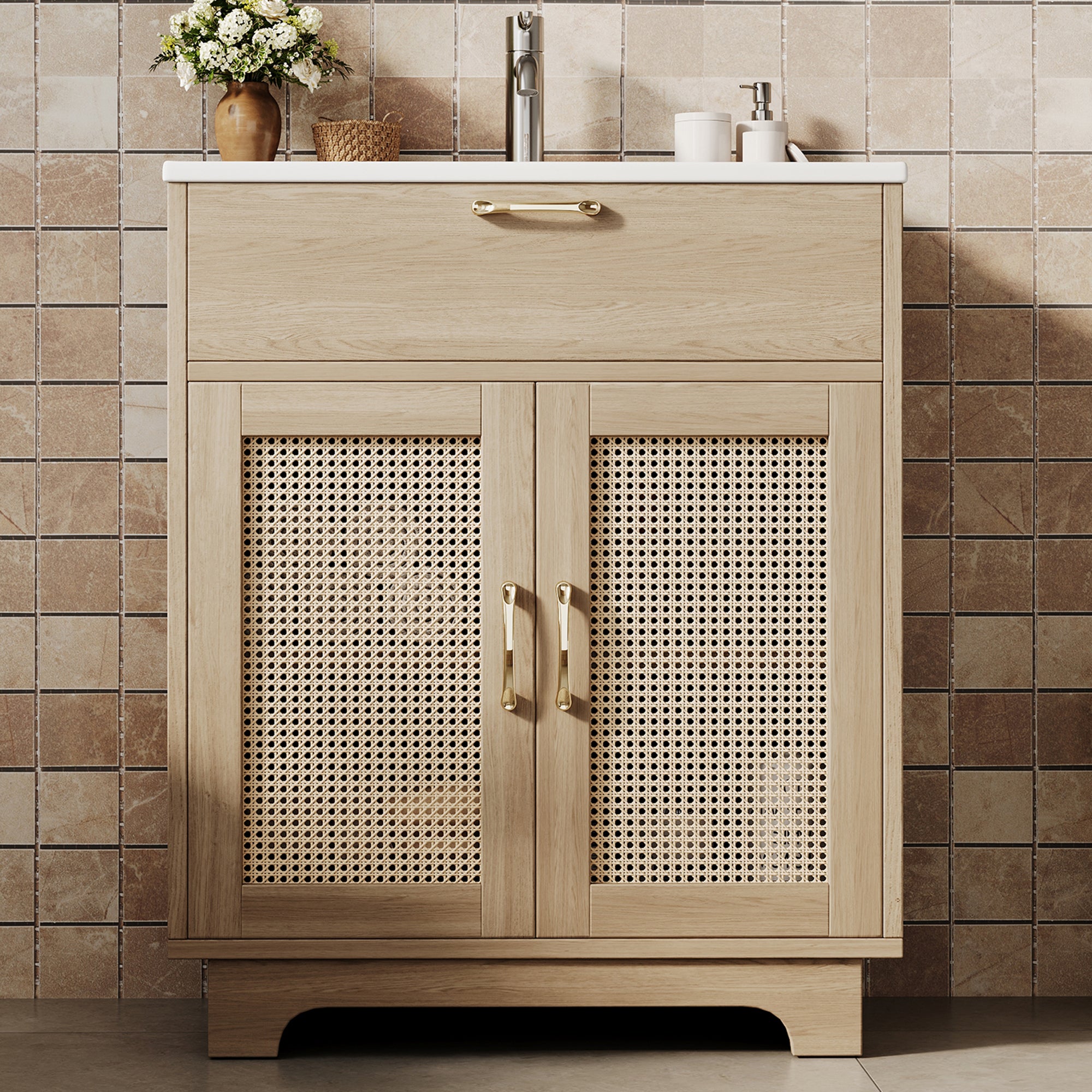 Szafka łazienkowa z pojedynczą umywalką, 2 drzwiami z rattanu i 1 wysuwaną szufladą - 76 x 46 x 88 cm - umywalka z płyty MDF i ceramiki - naturalna