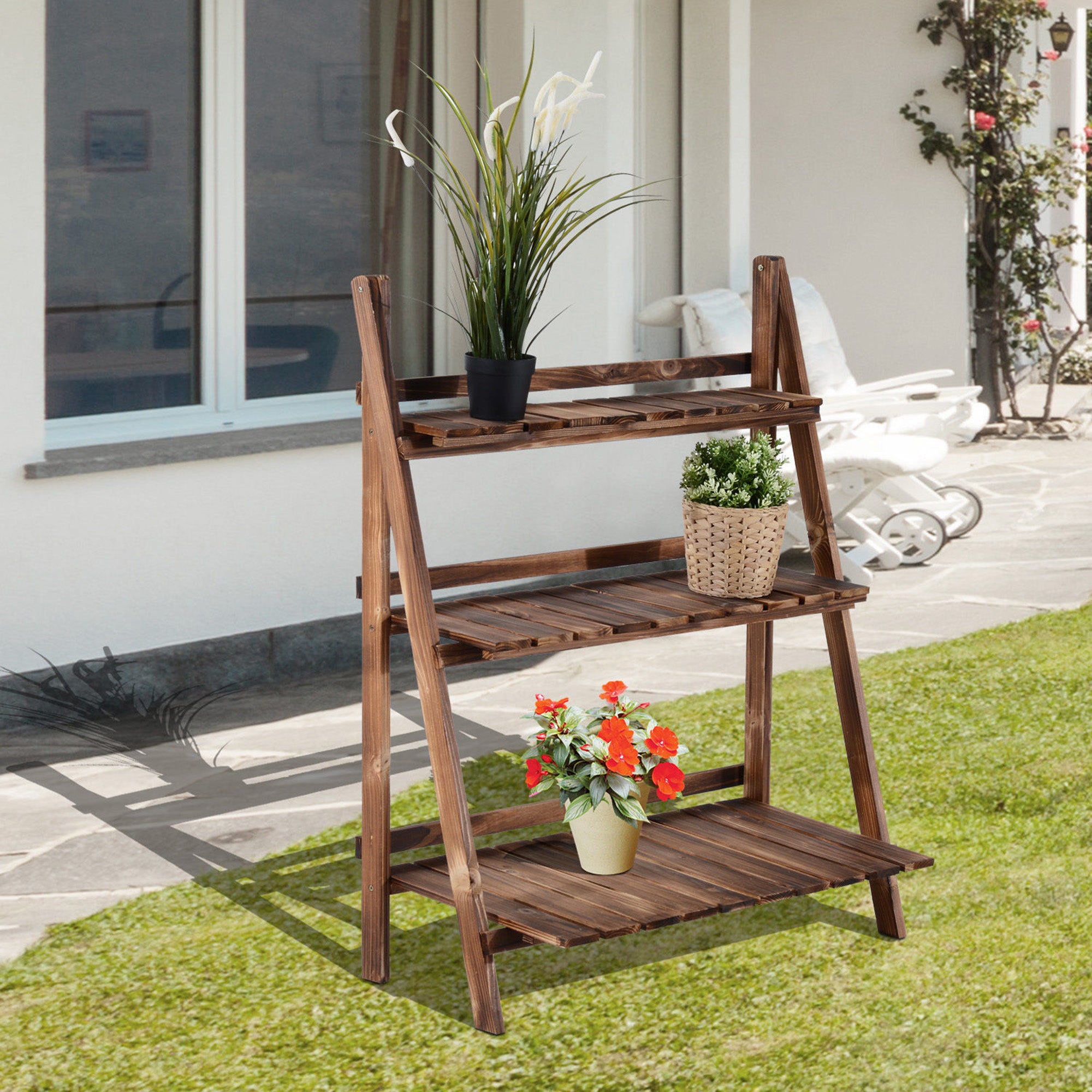 Support pliable en bois pour pots de fleurs, étagère de rangement à 3 niveaux pour jardinières, support pour herbes aromatiques (80L x 37l x 93H cm) - 3