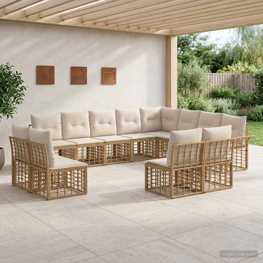 Conjunto de sofás de exterior, 12 piezas, de poliéster, natural y crema, para terraza