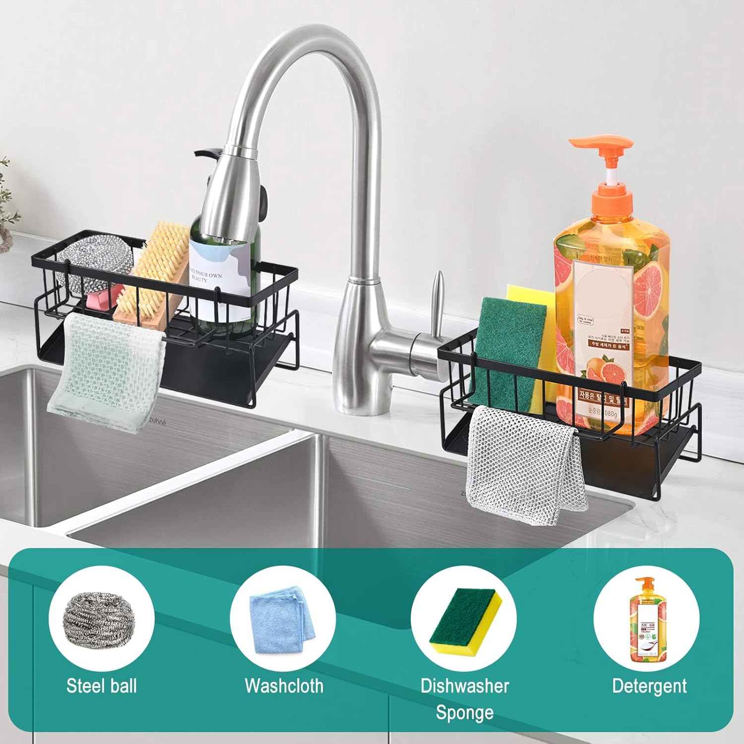 Soporte para fregadero de cocina organizador de fregadero acero inoxidable soporte almacenamiento para fregadero con bandeja drenaje automático negro - 5