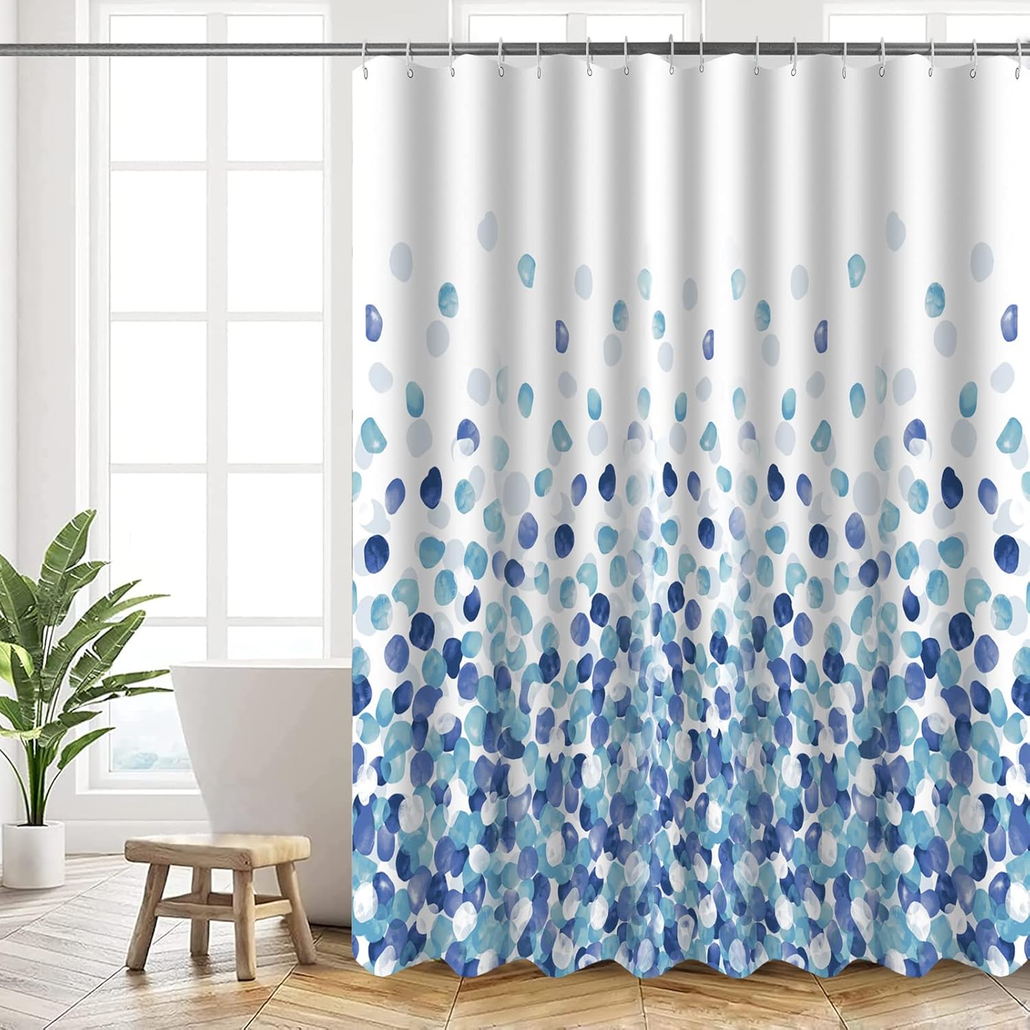 Zasłona prysznicowa z poliestru nadająca się do prania w pralce z obciążonym brzegiem i 12 haczykami, wzór Blue Bubbles, 180 x 200 cm
