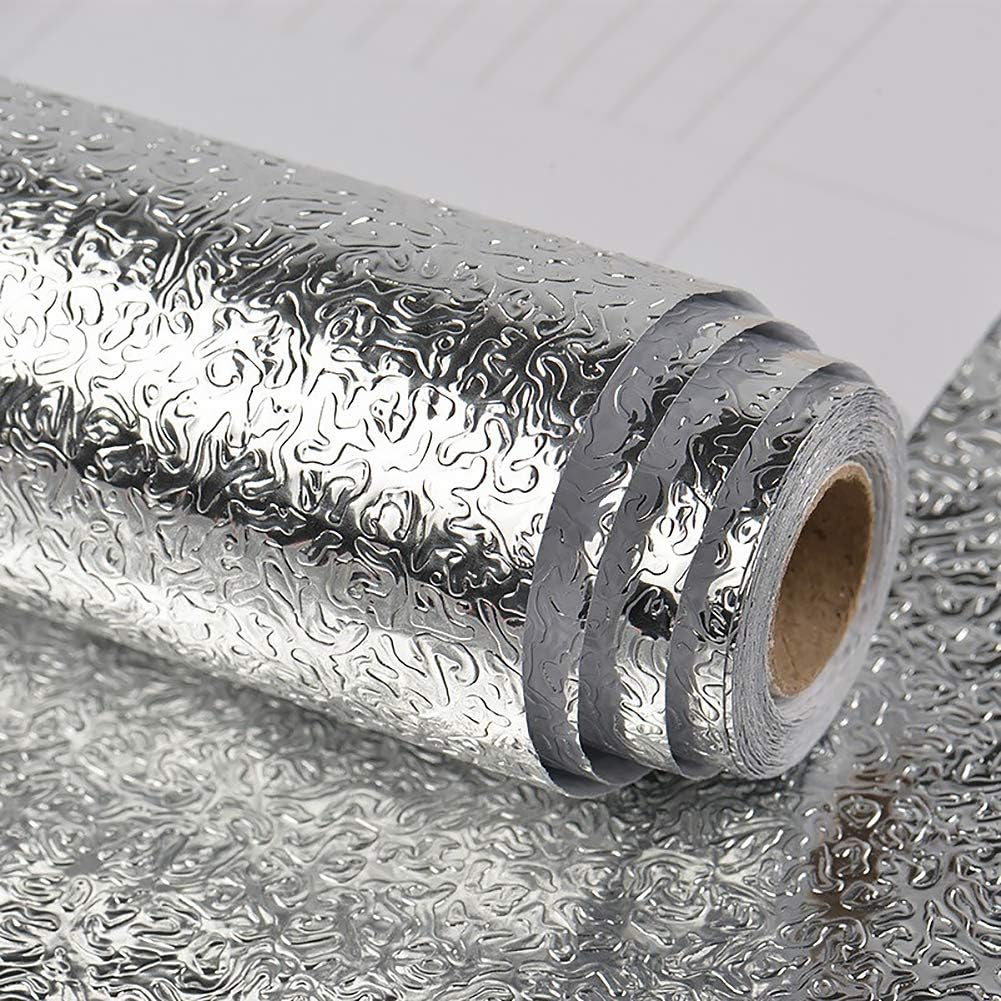 Tapeta z folii aluminiowej w kolorze srebrnym, wodoodporna, samoprzylepna, na blat kuchenny, do szafki, odporna na olej, 40 x 600 cm