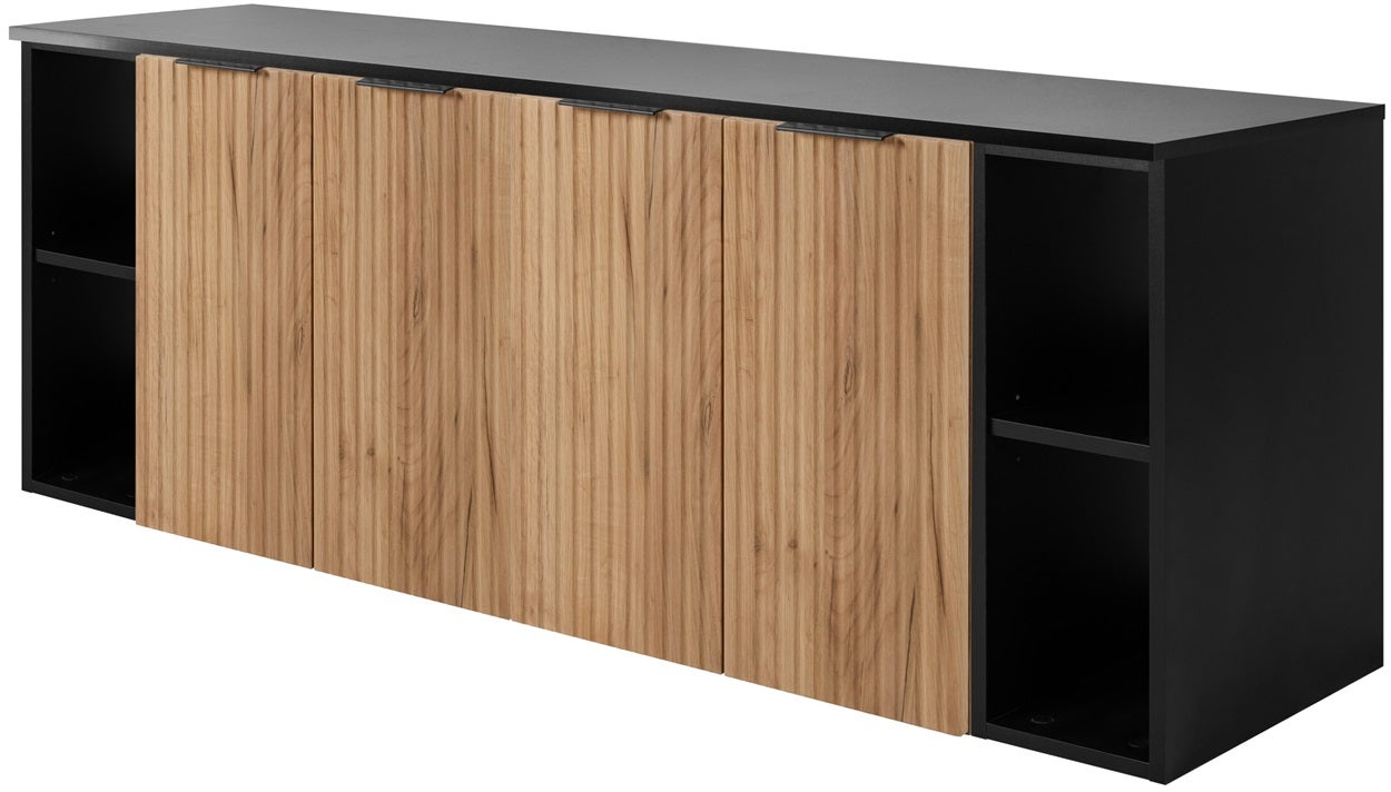 Zestaw łazienkowy FLOW 160 cm dąb craft złoty z czarnym blatem i regałami