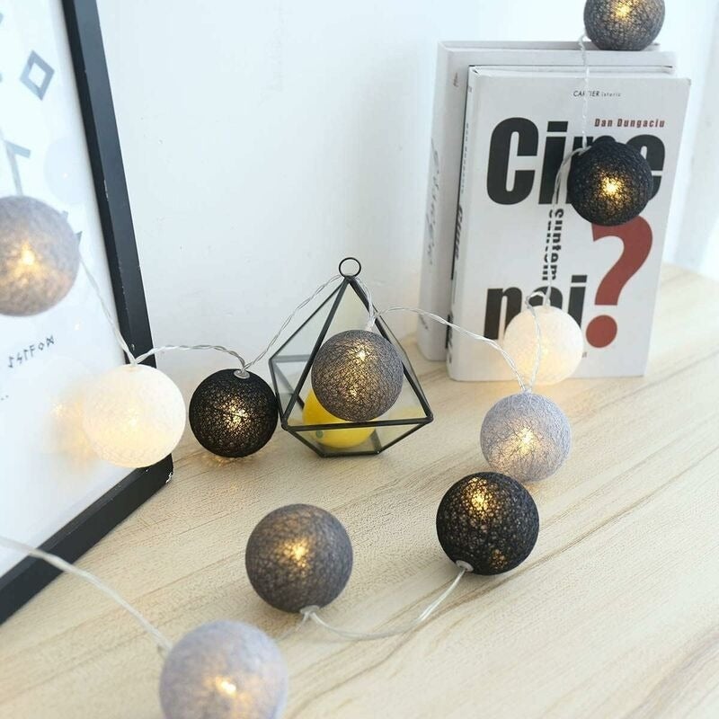 Guirlande lumineuse boules de coton, décoration de Noël d'intérieur, globe lumineux LED 3 m (20 LED), décoration d'ambiance (USB gris/noir) - 4