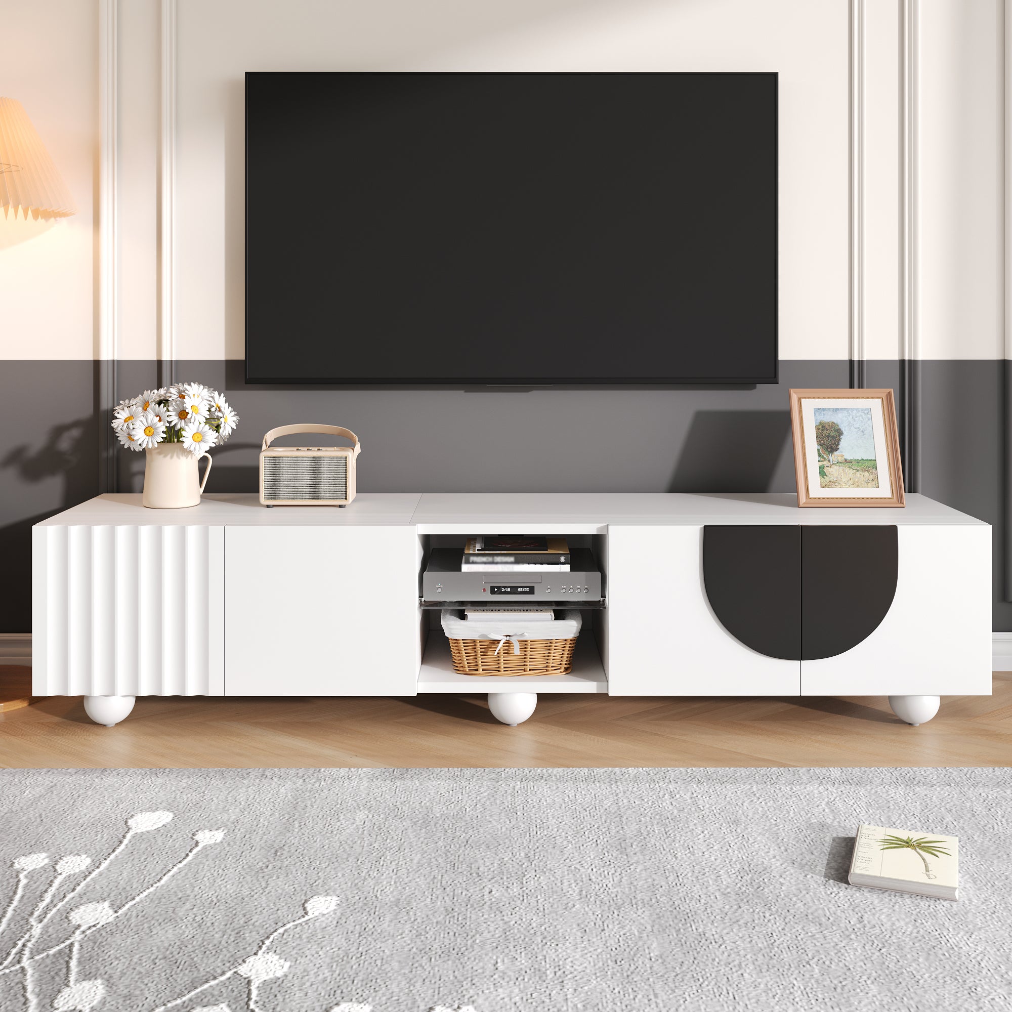 Nowoczesna szafka RTV z 4 drzwiami i 2 półkami - 180 x 40 x 41,5 cm - Płyta wiórowa + MDF - Biała - 2