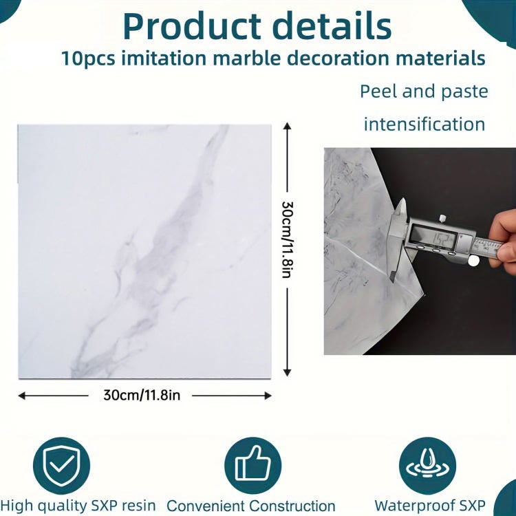 Lot de 10 autocollants de sol auto-adhésifs, autocollant mural en marbre de simulation épaissi, résistant à l'usure et imperméable, peler et coller - 3