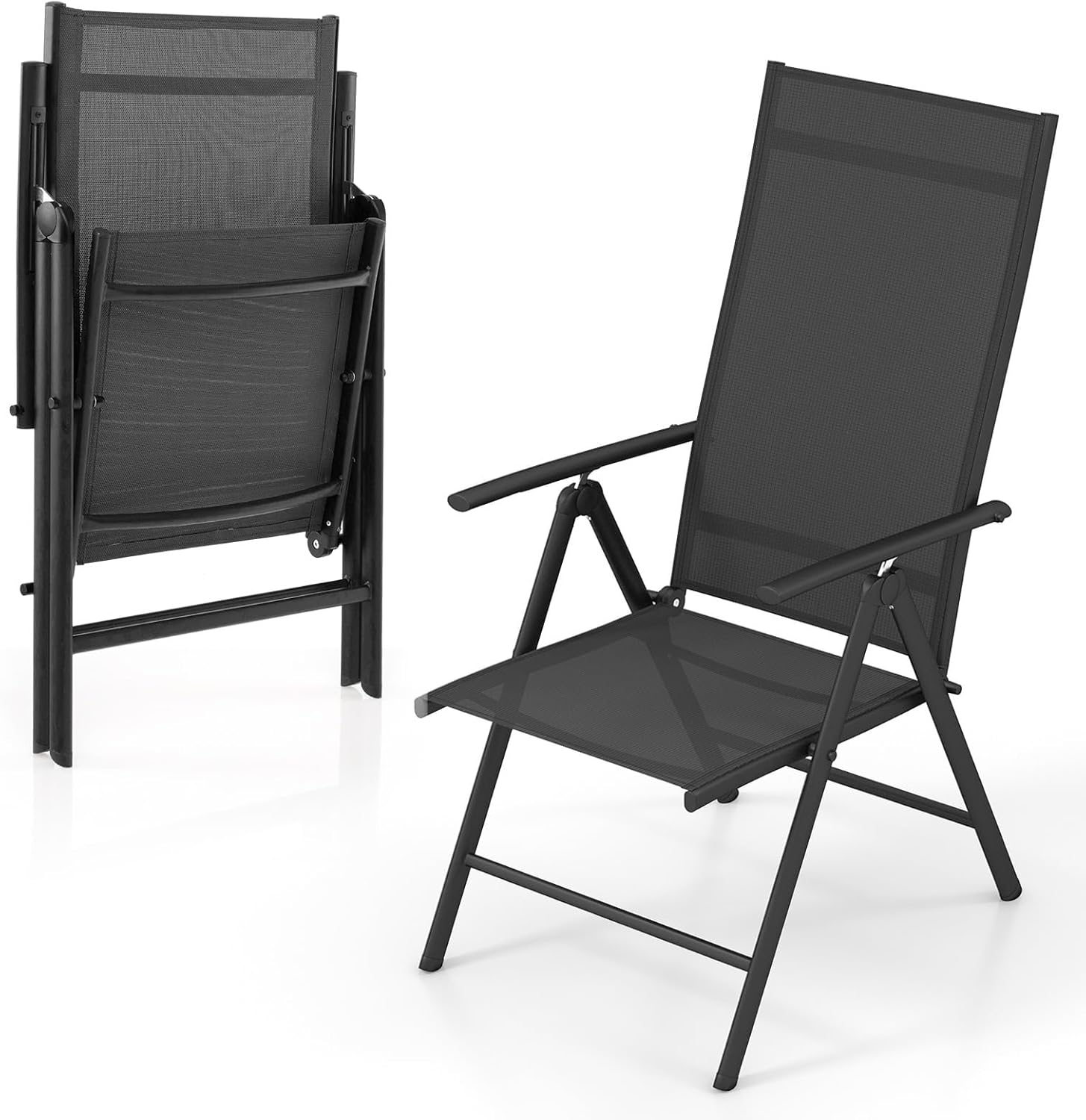 Krzesło ogrodowe z wysokim oparciem, składane krzesło z 7-stopniową regulacją oparcia, składane krzesło balkonowe, obciążenie do 180 kg, (czarne)