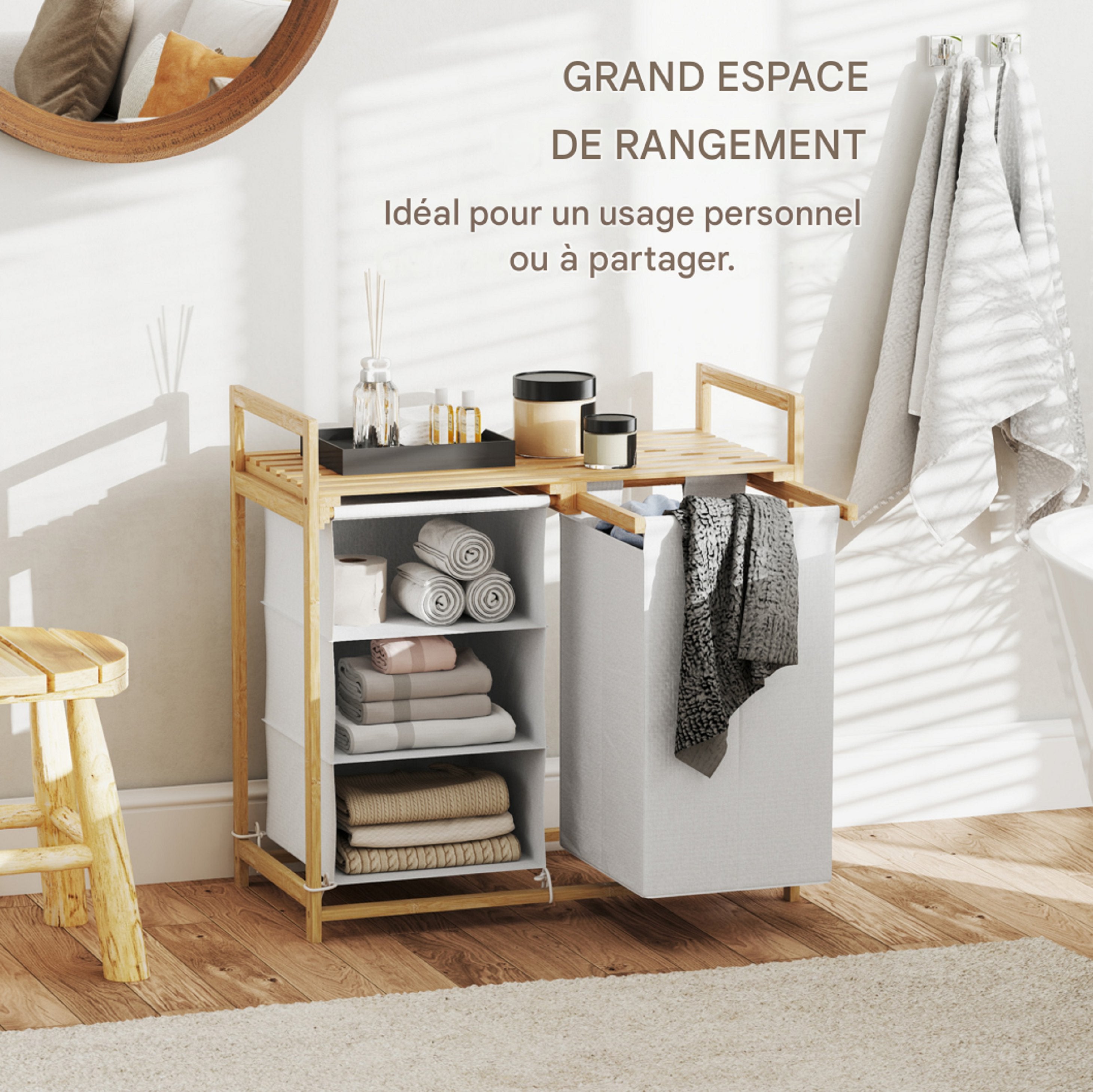 Cesto para Ropa HOMCOM 4 Compartimentos, 2 Bolsas de Tela Extraíbles y Deslizantes, Estructura de Bambú, 70 x 36 x 70 cm, 83L, Blanco - 8
