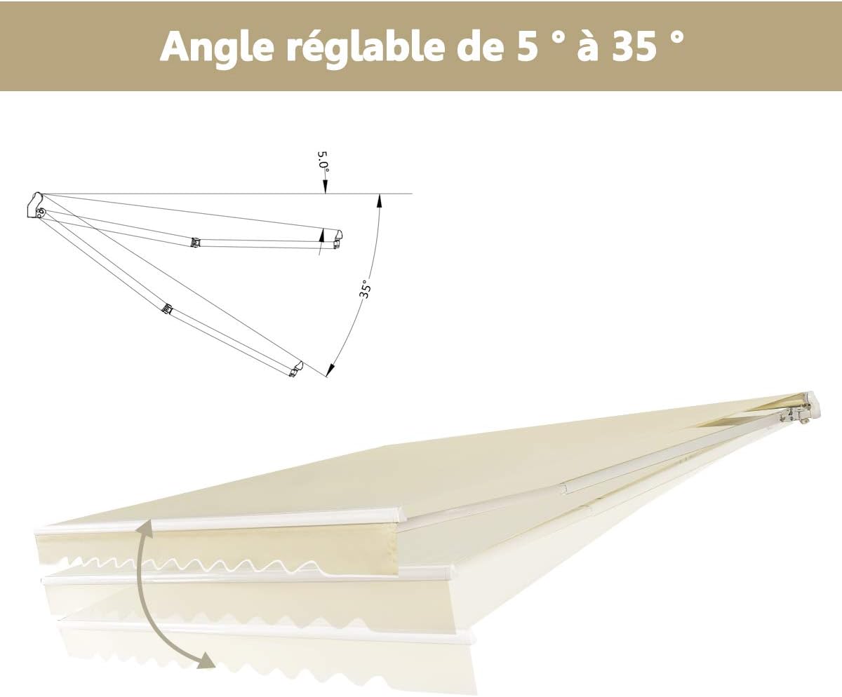 Store Banne de Balcon Rétractable avec Tissu Résistant aux UV et à l'eau, Cadre en Aluminium, Réglable 5-35°,3 x 2,5 m, Beige - 7