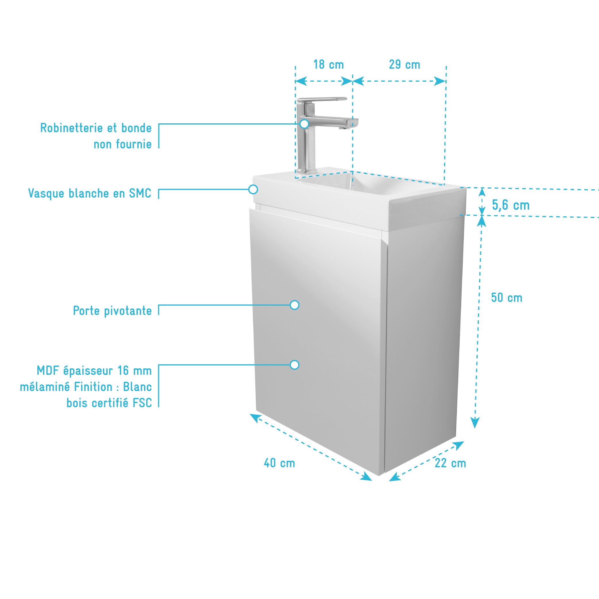 Meuble Lave Mains Blanc 40x50x22 cm avec Vasque en SMC - ELEMENTARY - 4