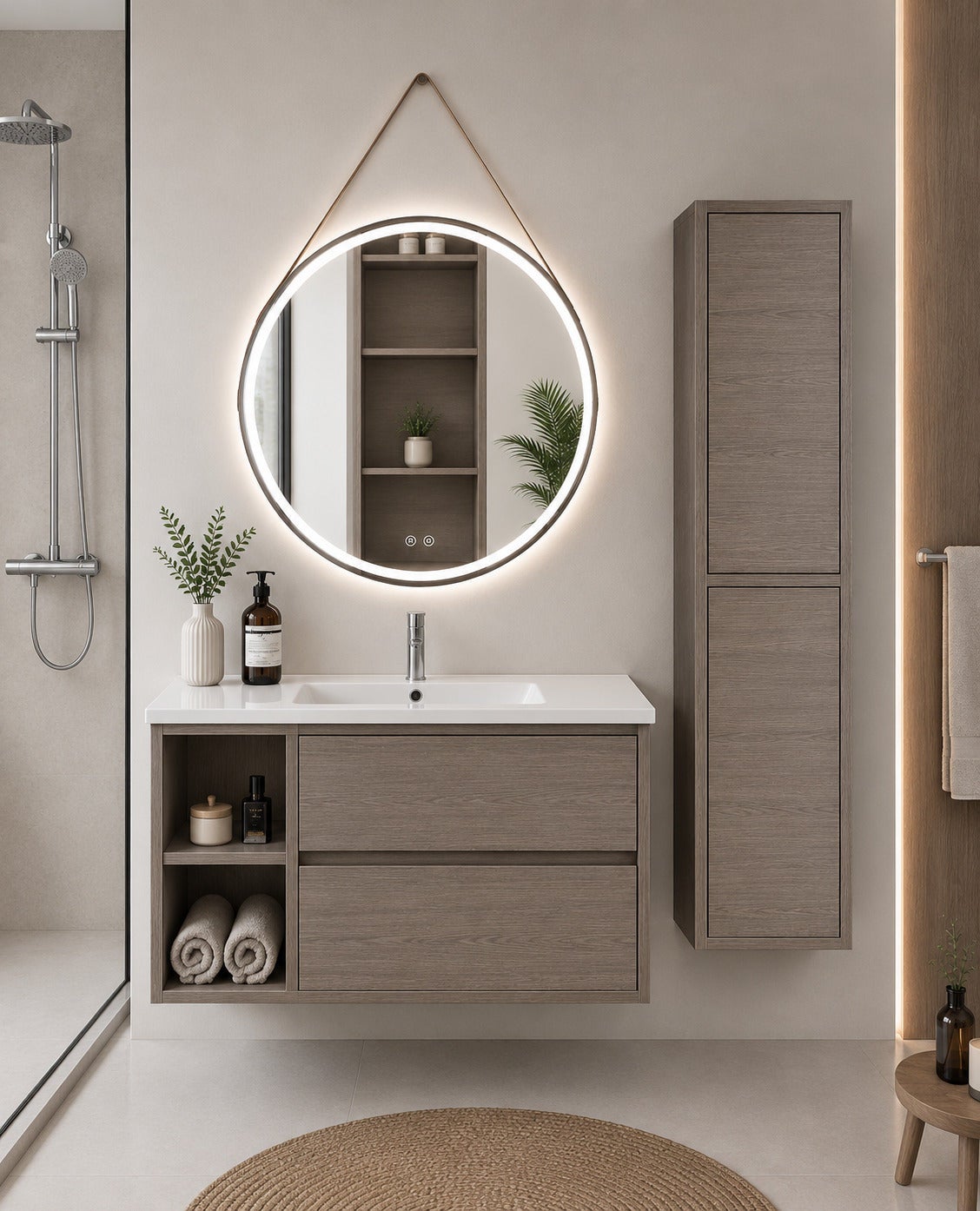 Mobilier de baie cu lavoar ORIGENBATH ZEUS fără oglindă 90x45 cm Dreapta stejar smoky cu coloană