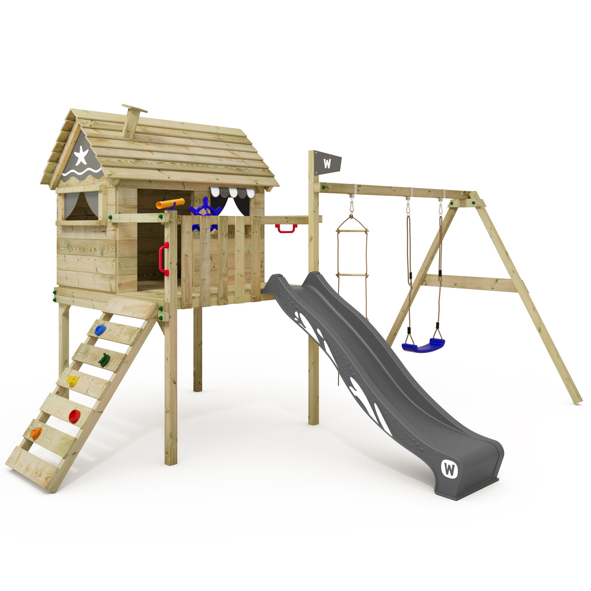 WICKEY MultiFlyer - Portique Bois Avec Balançoire, Toboggan, Tour D'escalade, Bac à Sable - Rose Pastel - 288x429x263 Cm