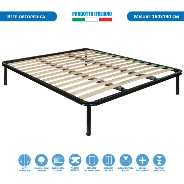Rete letto matrimoniale ortopedica 160x190 due piazze con struttura in metallo e doghe flessibili in legno - Comprarredo