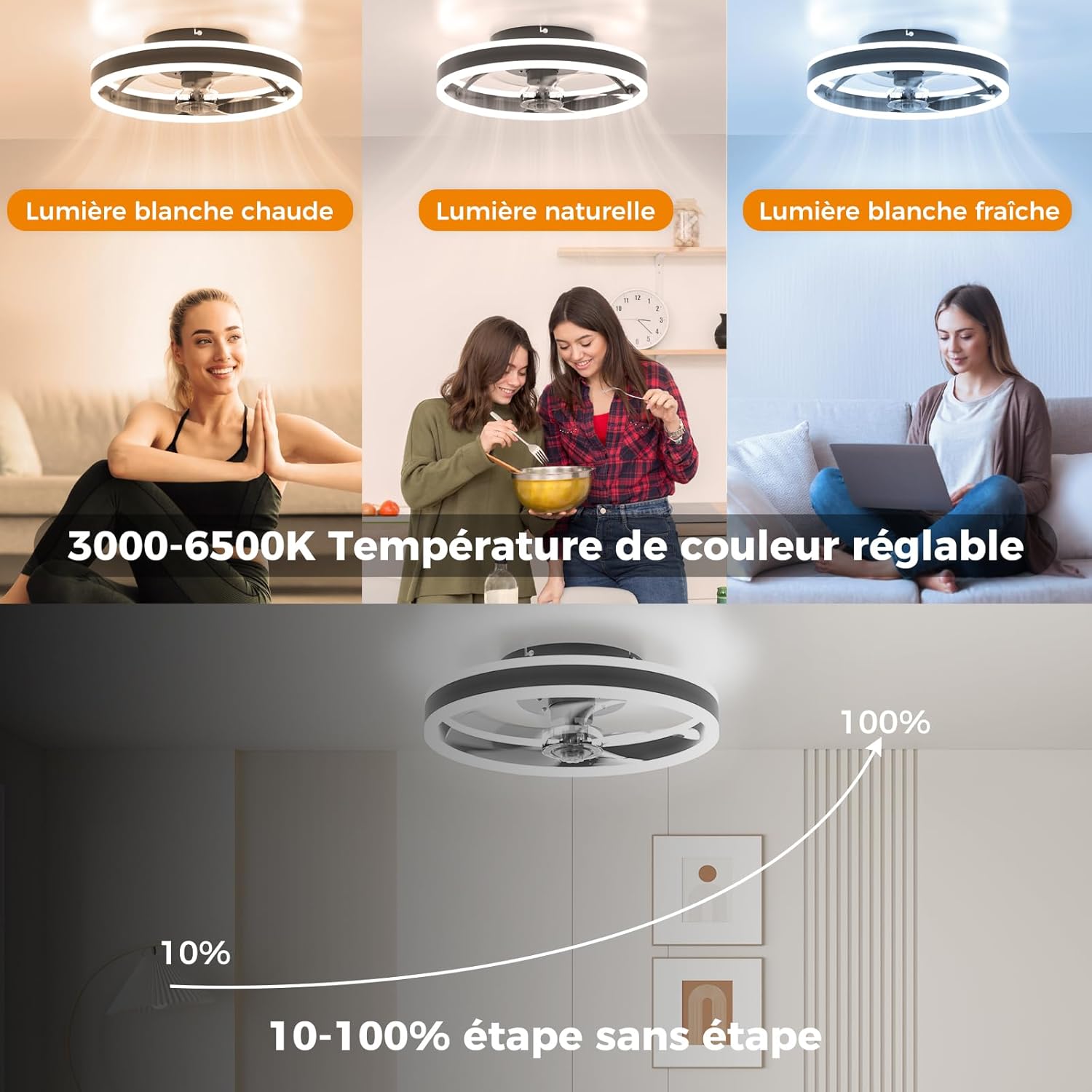 Ventilador de teto com luminária 40cm, controle remoto e controle por APP, 3 temperaturas de cor, 6 velocidades e vento reversível, silencioso, in - 3