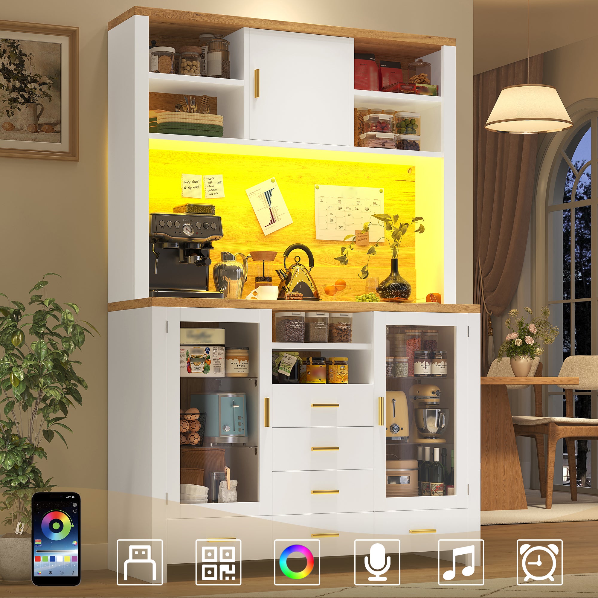 Wysoka komoda kuchenna z 6 szufladami, 3 drzwiami i półkami - 120 x 40 x 188 cm - diody LED - płyta MDF i szkło - styl rustykalny - biel i drewno