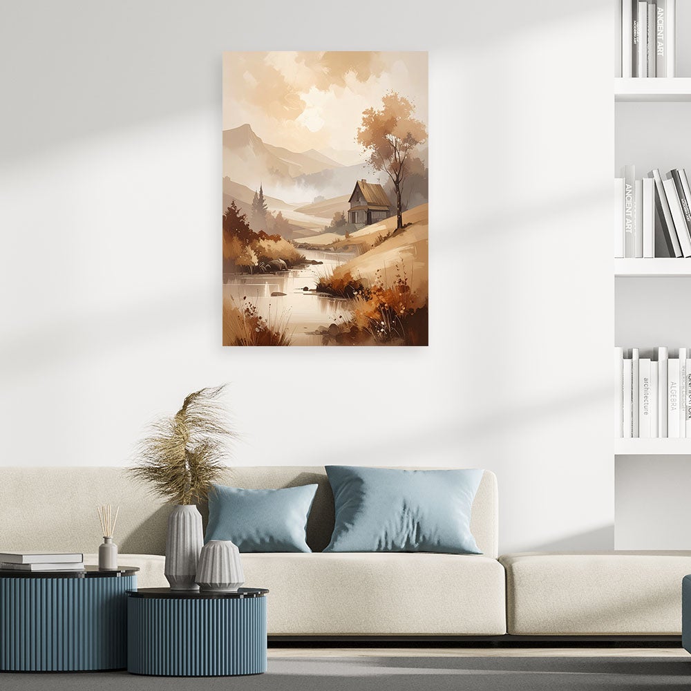 Obraz do salonu sypialni, Pastelowy Pejzaż Gór i Drzew Rustykalny Krajobraz Natury 60x90 - 2