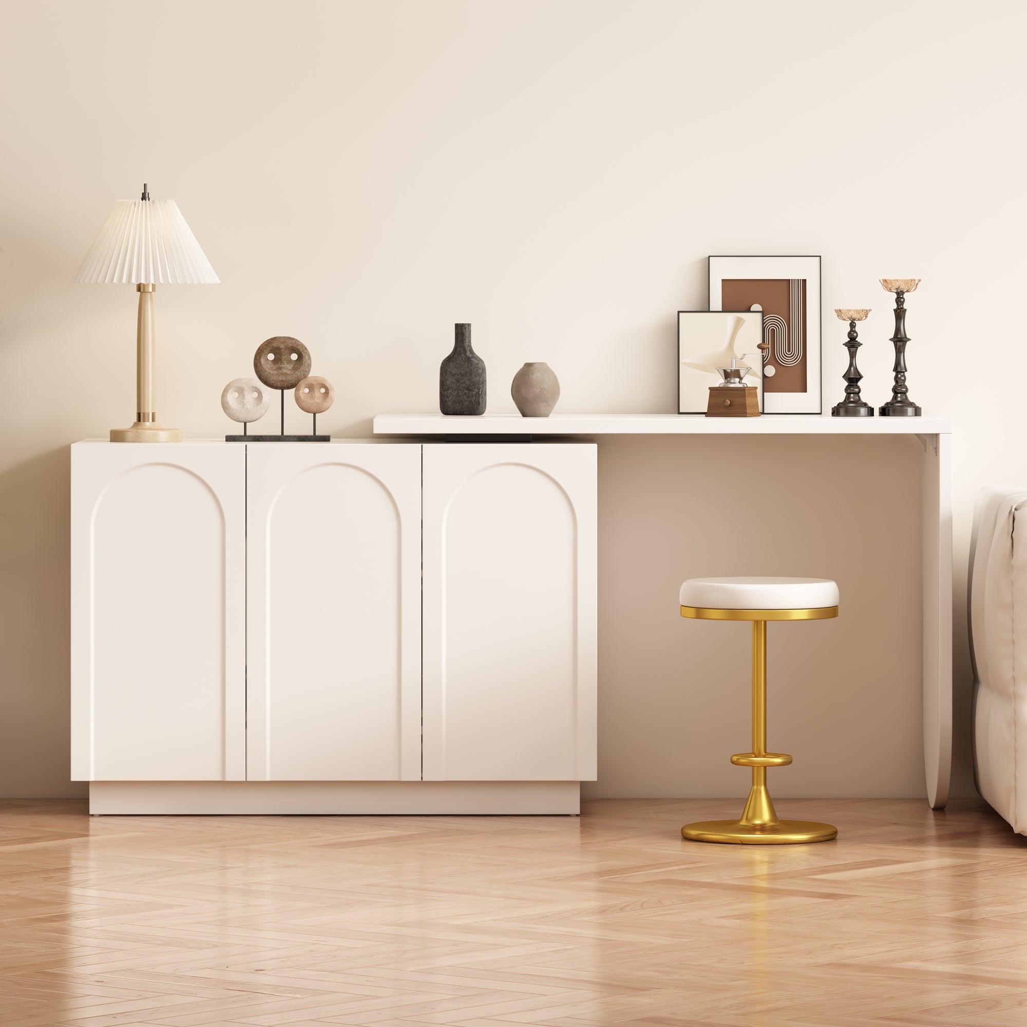 Bureau d'angle pivotant à 360° 170x38.5x75 cm avec 3 portes, étagères, en MDF, blanc - 3