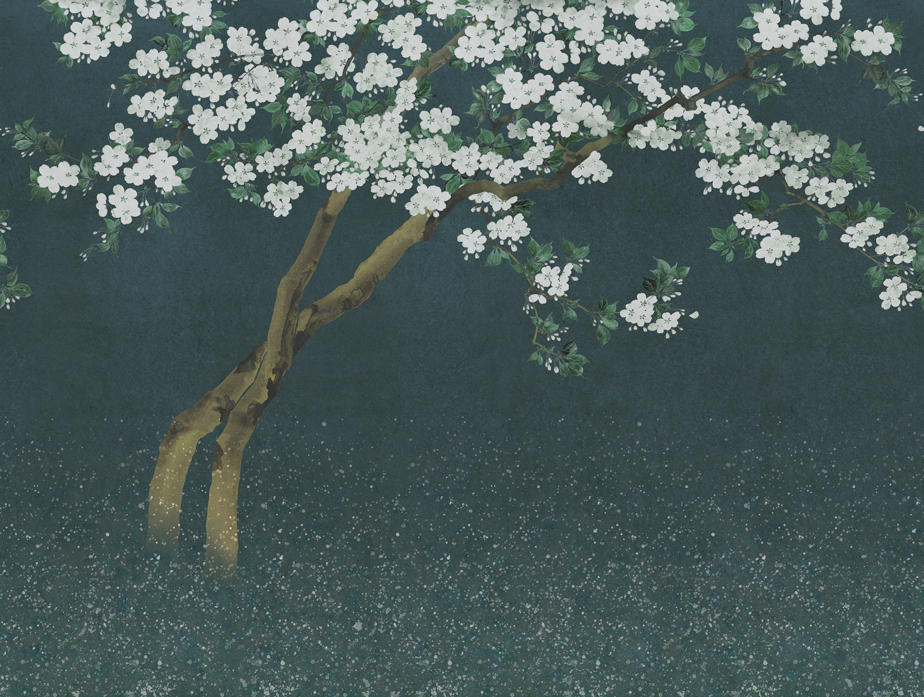 Papier peint panoramique fleurs de cerisier bleu foncé - 371 x 280 cm