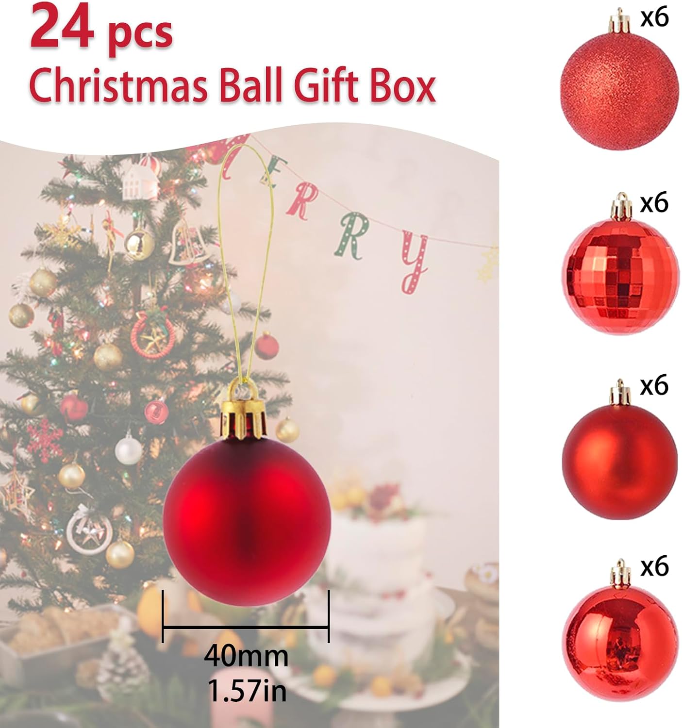 POFET Lot De 24 Boules De Noël Rouges 4 Cm - Décorations Festives Incassables Avec Cordes