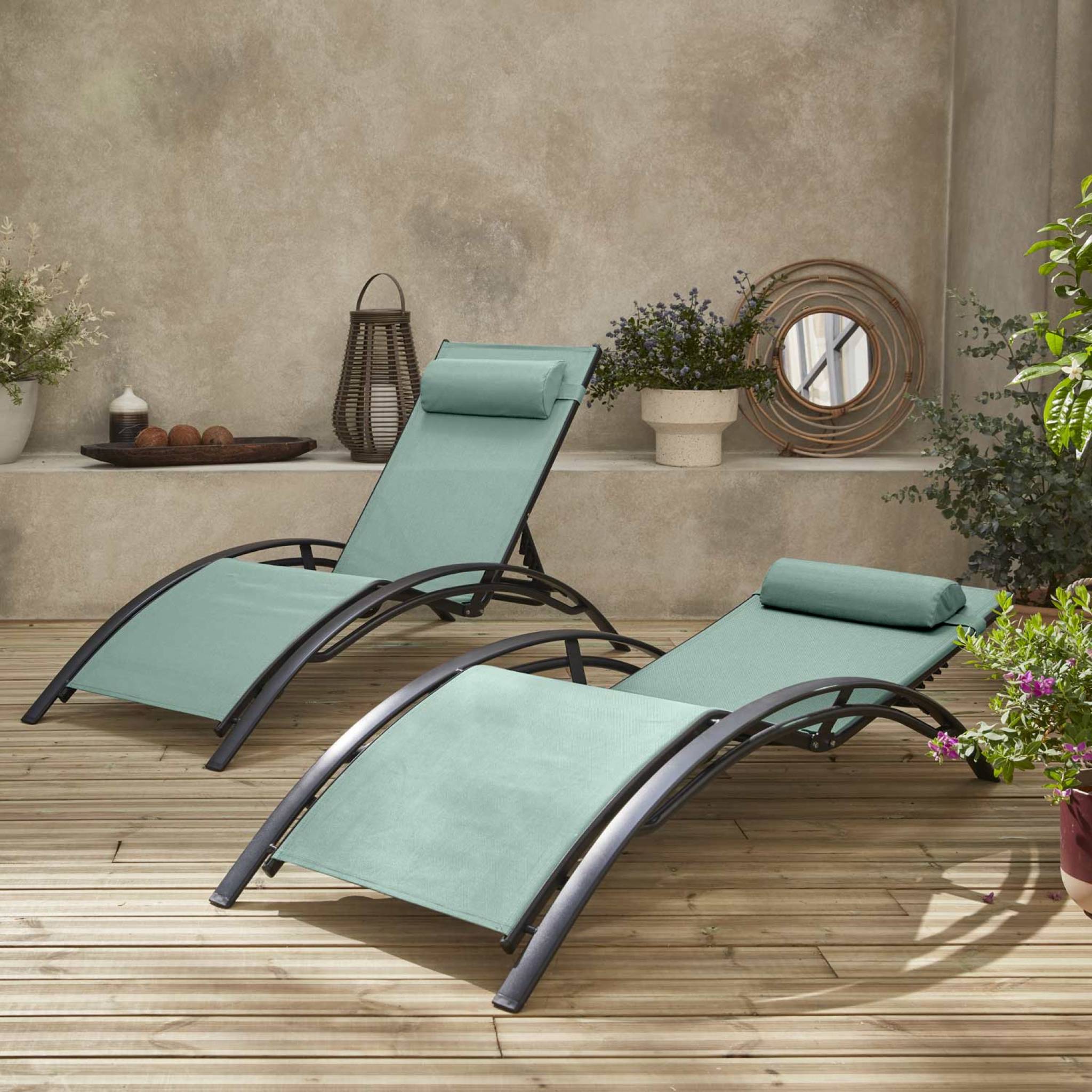 Duo de bains de soleil aluminium - Louisa Vert de gris - Transats aluminium et textilène LOUISA - 3