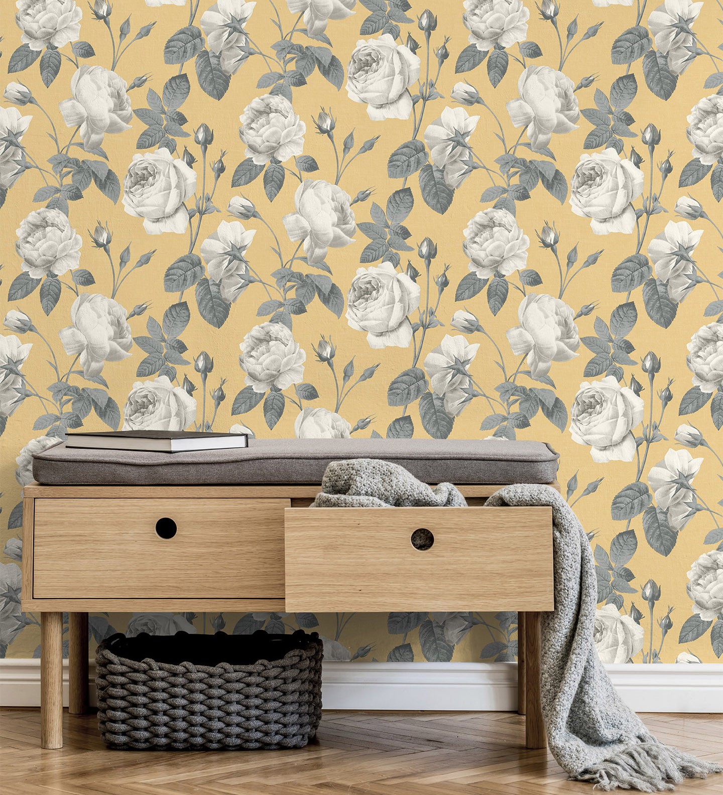 Papel pintado vinílico lavable de flores románticas vintage fondo mostaza - marietta 681320 de gaulan - rollo de 10 m x 0,53 m