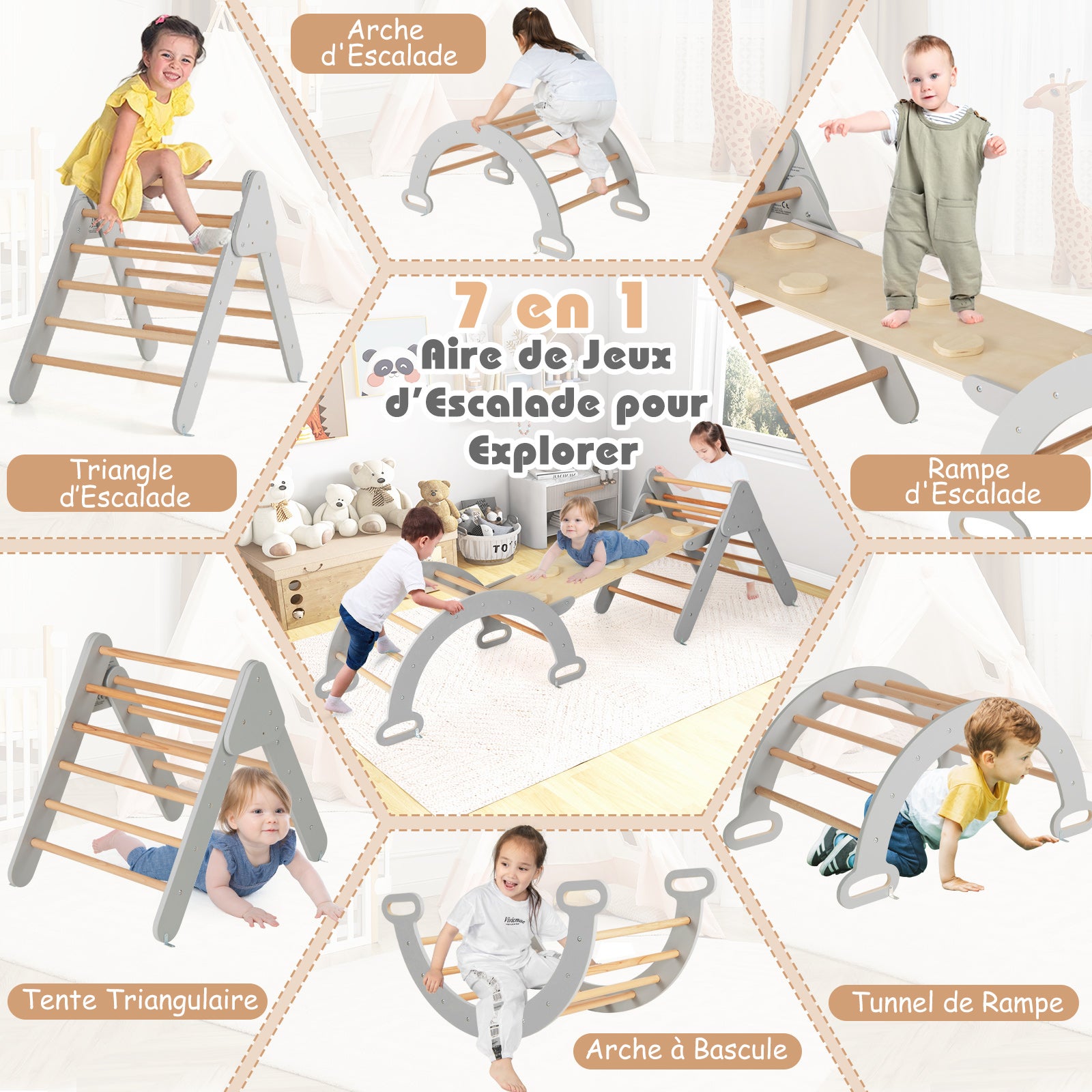 7 en 1 Triangle Arche Montessori, Arche d'escalade Enfants avec Toboggan Bois,Rampe, Échelle Réglable, pour Tout-Petits Bébé 1 Ans+(Gris Naturel) - 2