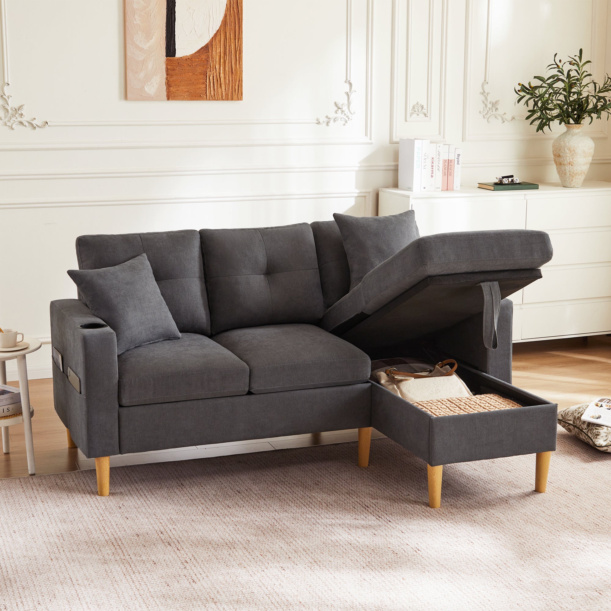 Nowoczesna sofa L-kształtna-3-osobowa-sofa z szezlongiem-miejsce do przechowywania-wbudowany uchwytem na kubki-w komplecie 2 poduszki
