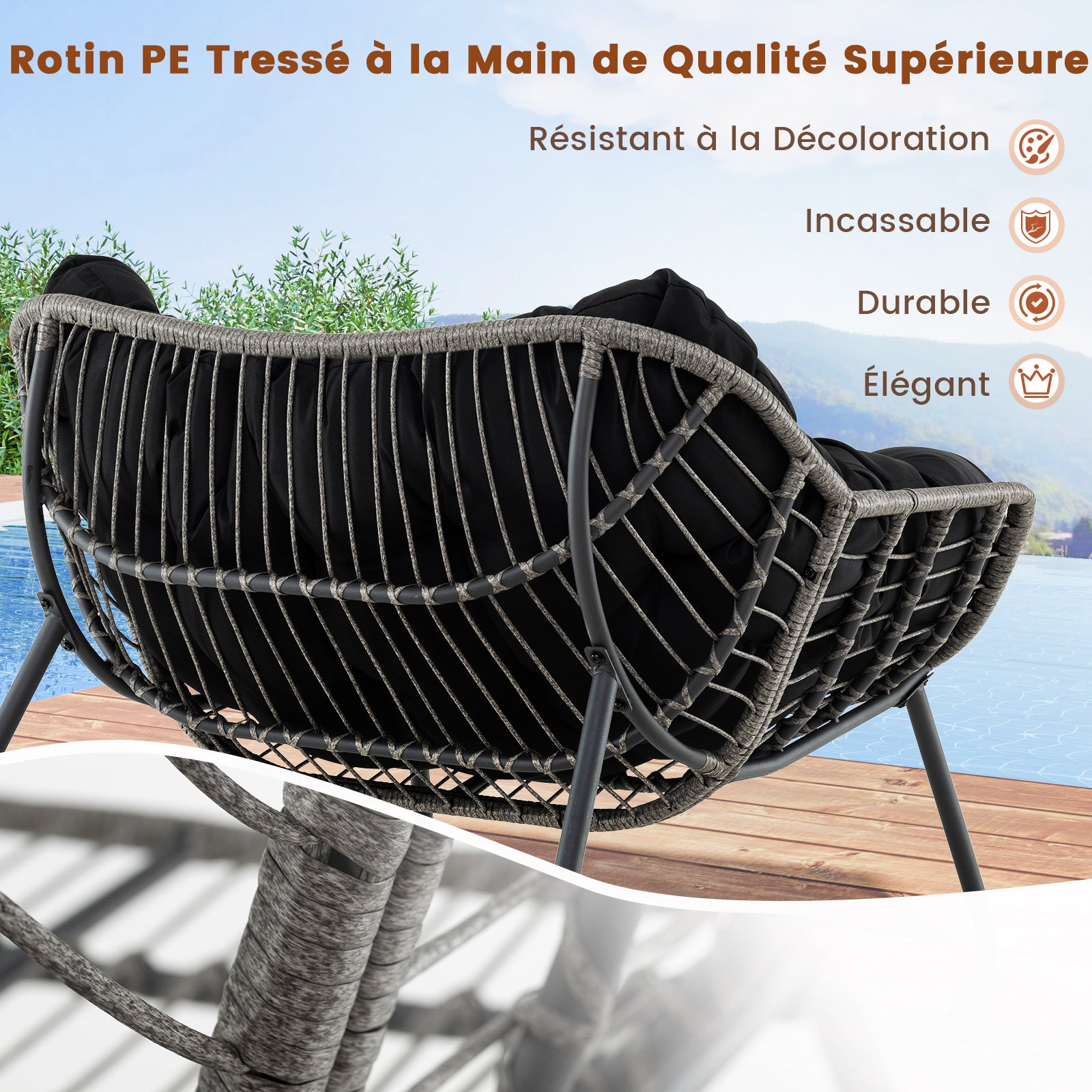 Fauteuil à Bascule d'Extérieur, Fauteuil Œuf Surdimensionné en Osier PE avec Coussin Épais Amovible, 98 x 98 x 87 cm, Charge 150 kg, Noir - 5