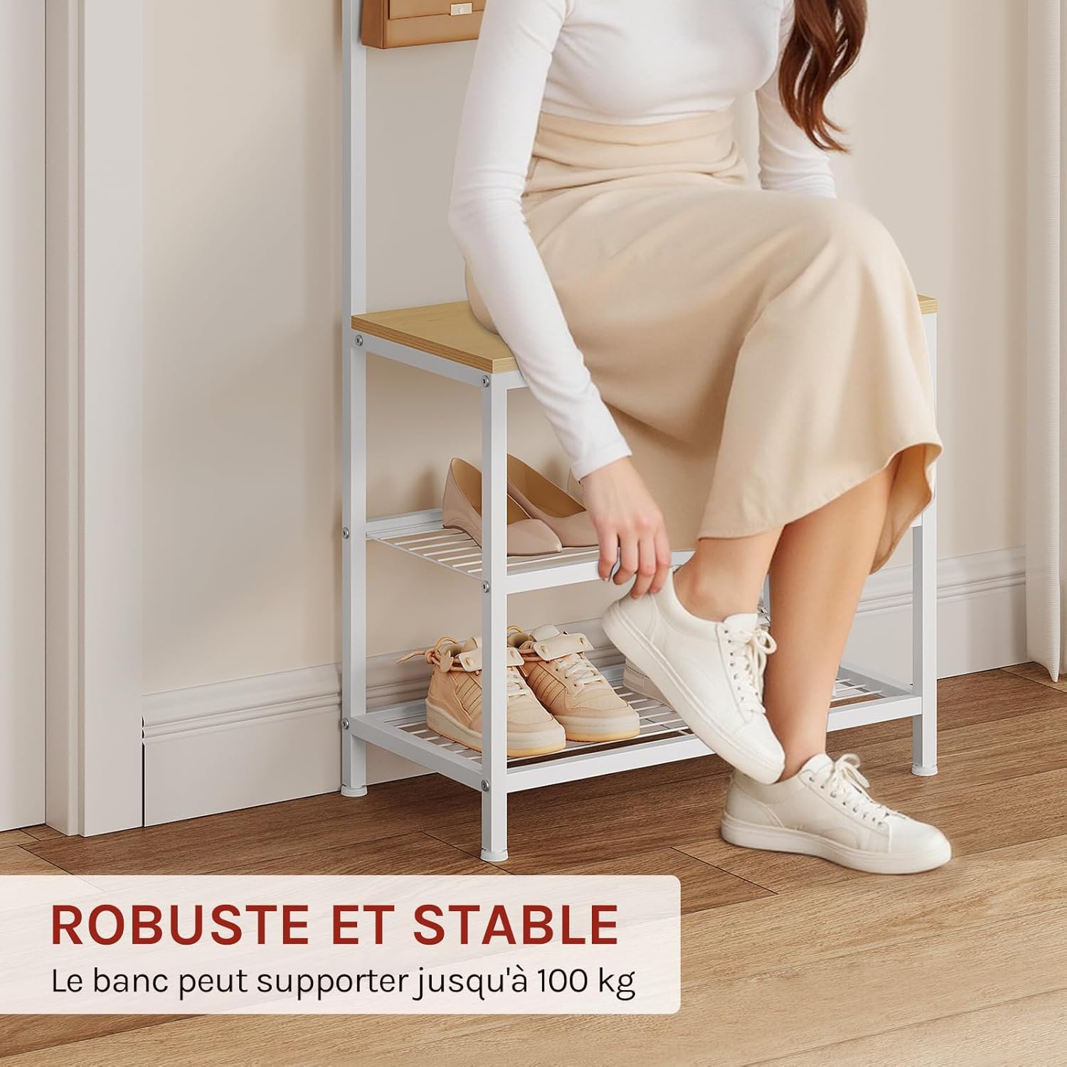 Meuble d'Entrée WOLTU, Portemanteau en Métal+Bois d'Ingénierie, avec Étagère à Chaussures et Banc, Chêne Clair+Blanc, 60x31,5x170cm - 5