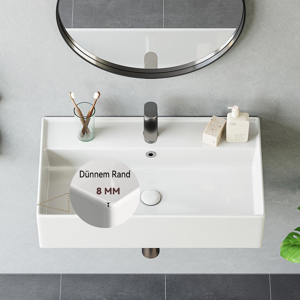 Lavabo à bord fin, rectangulaire suspendu ou à poser, avec trou pour robinet, lavabo mural pour invités 55 × 31 × 13 cm HOROW - 7