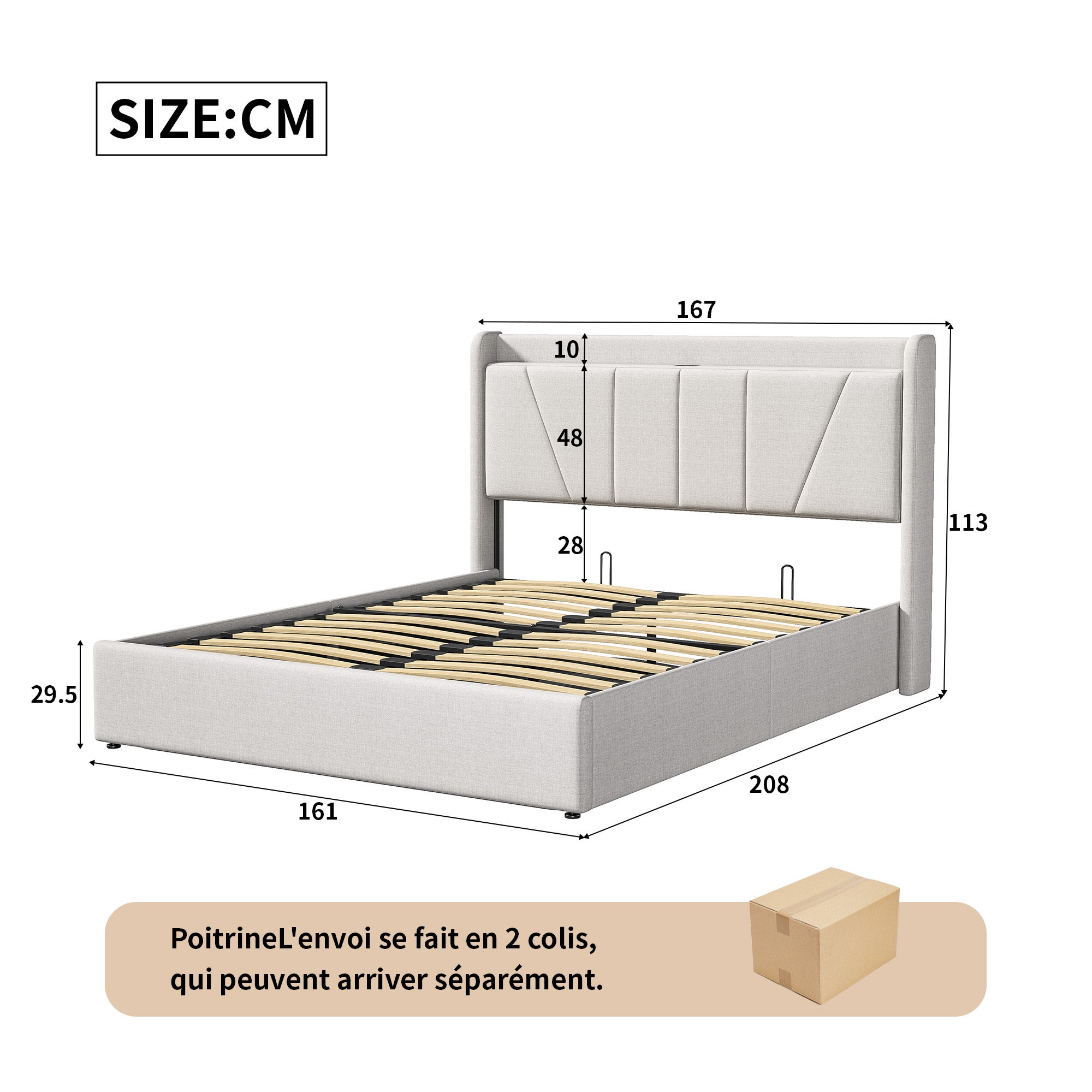 Lit Coffre 160x200 avec USB et Type C, Lit capitonné avec Sommier à Lattes, Lit Double, Beige - 4