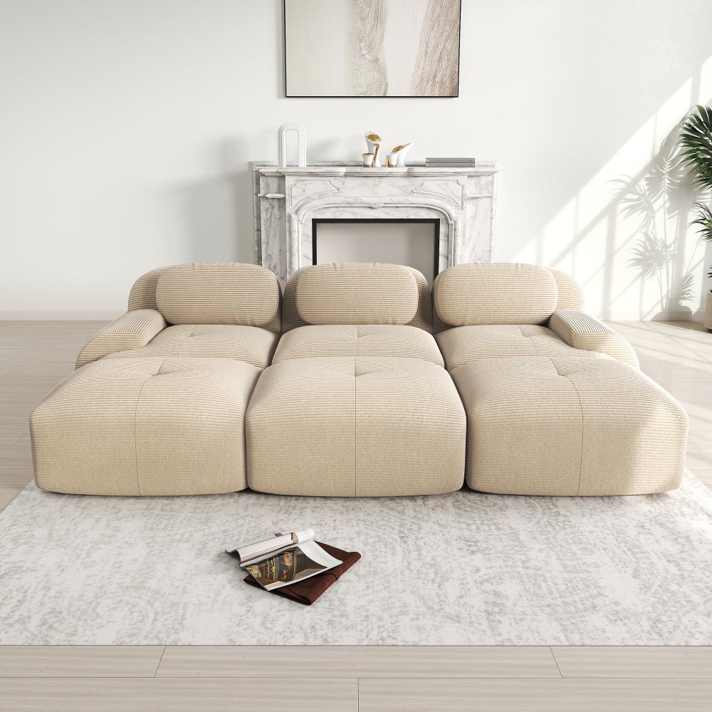Sofa 3-osobowa modułowa, sztruksowa, z 3 hokerami, nie wymaga montażu, beżowa