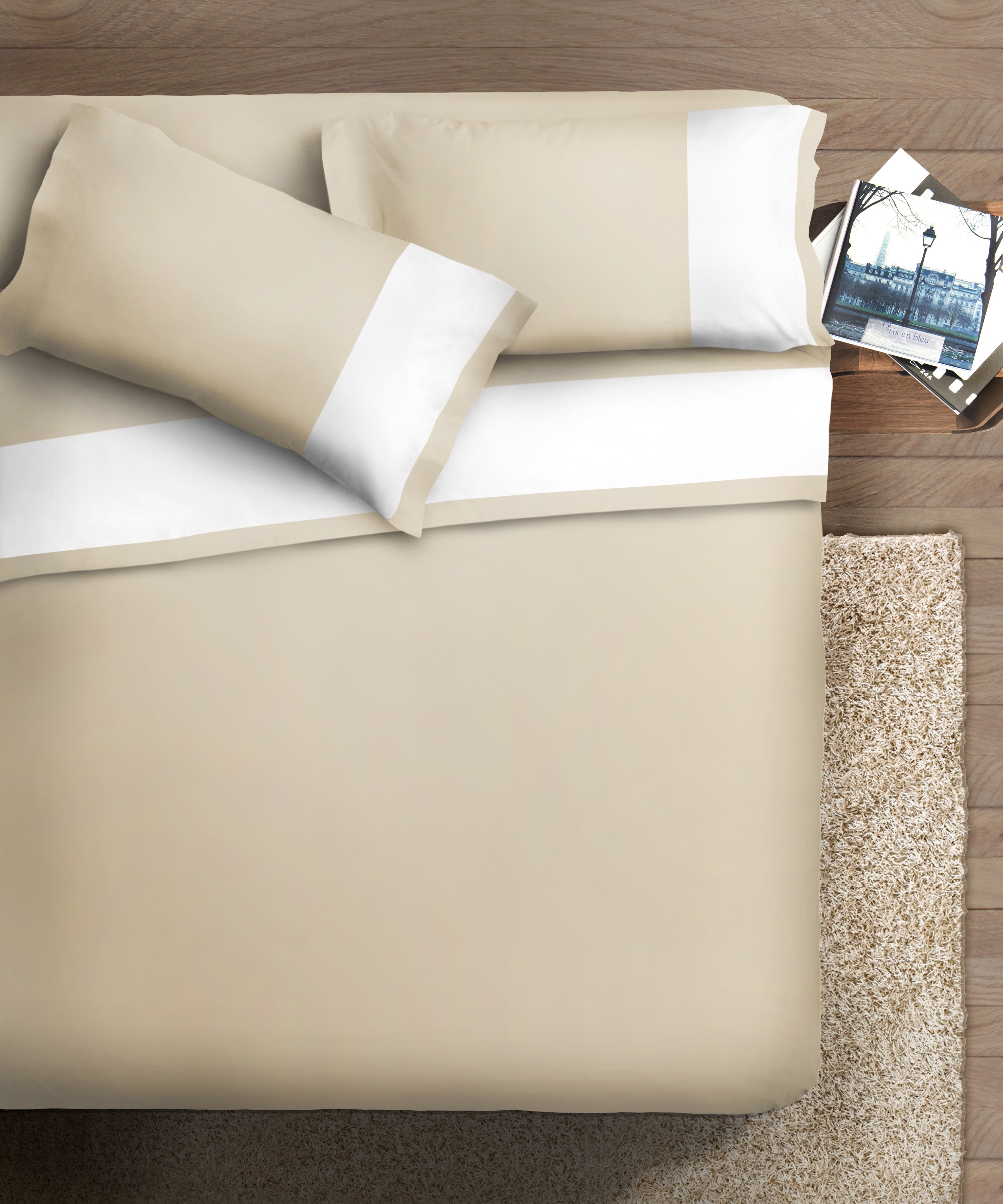 IPERSAN Set complet en 100% pur coton, 1 carré, bordure en satin blanc, fond crème - 2