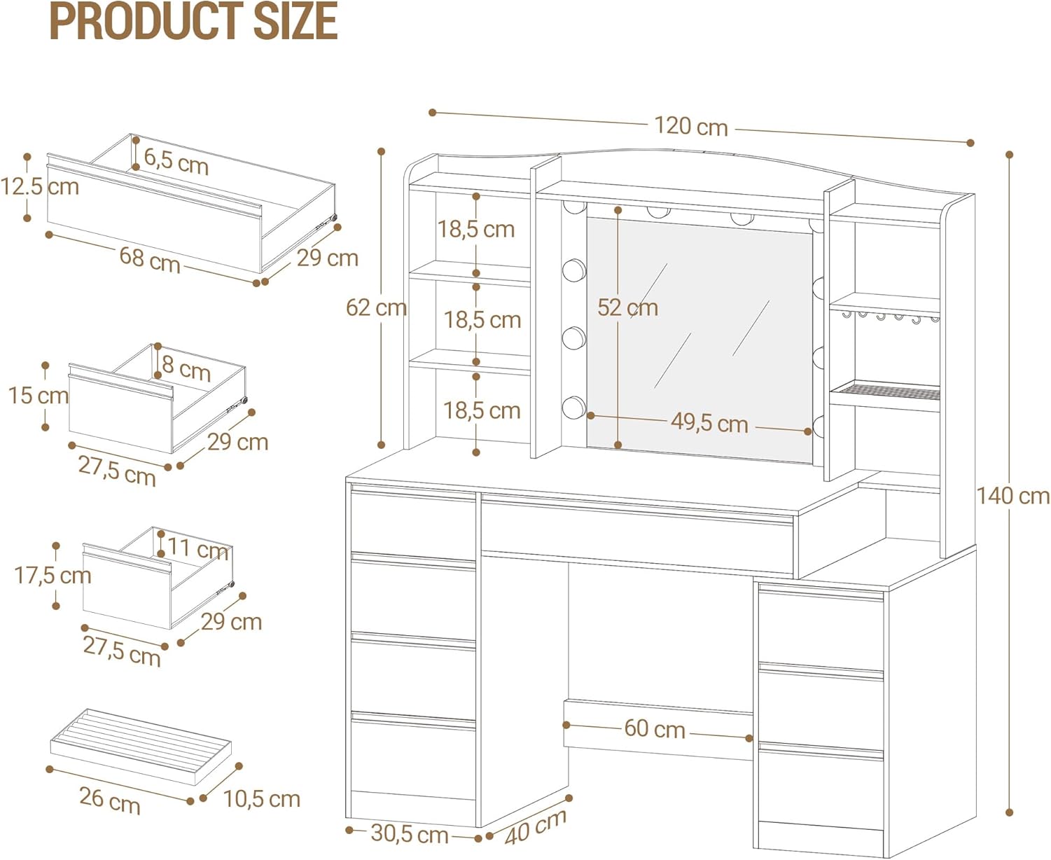 Coiffeuse avec Miroir et éClairage LED, 3 éTagèRes et 4 Compartiments Ouverts, Grands Tiroirs et Rangements, 3 Niveaux D'Intensité RéGlables, Blanc - 8