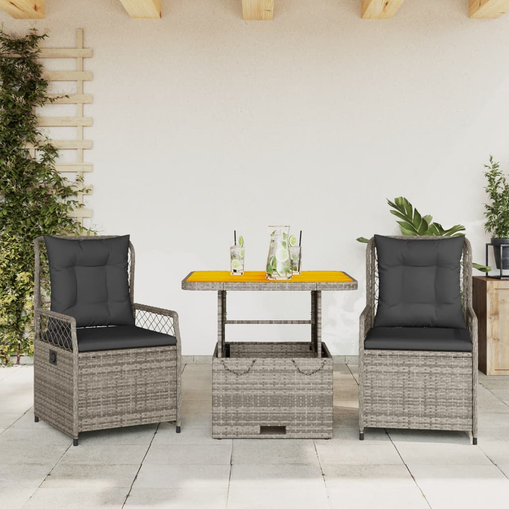 3 pcs conjunto de jantar p/ jardim | Móveis de jardim c/ almofadões vime PE cinza CFW310778 - 2