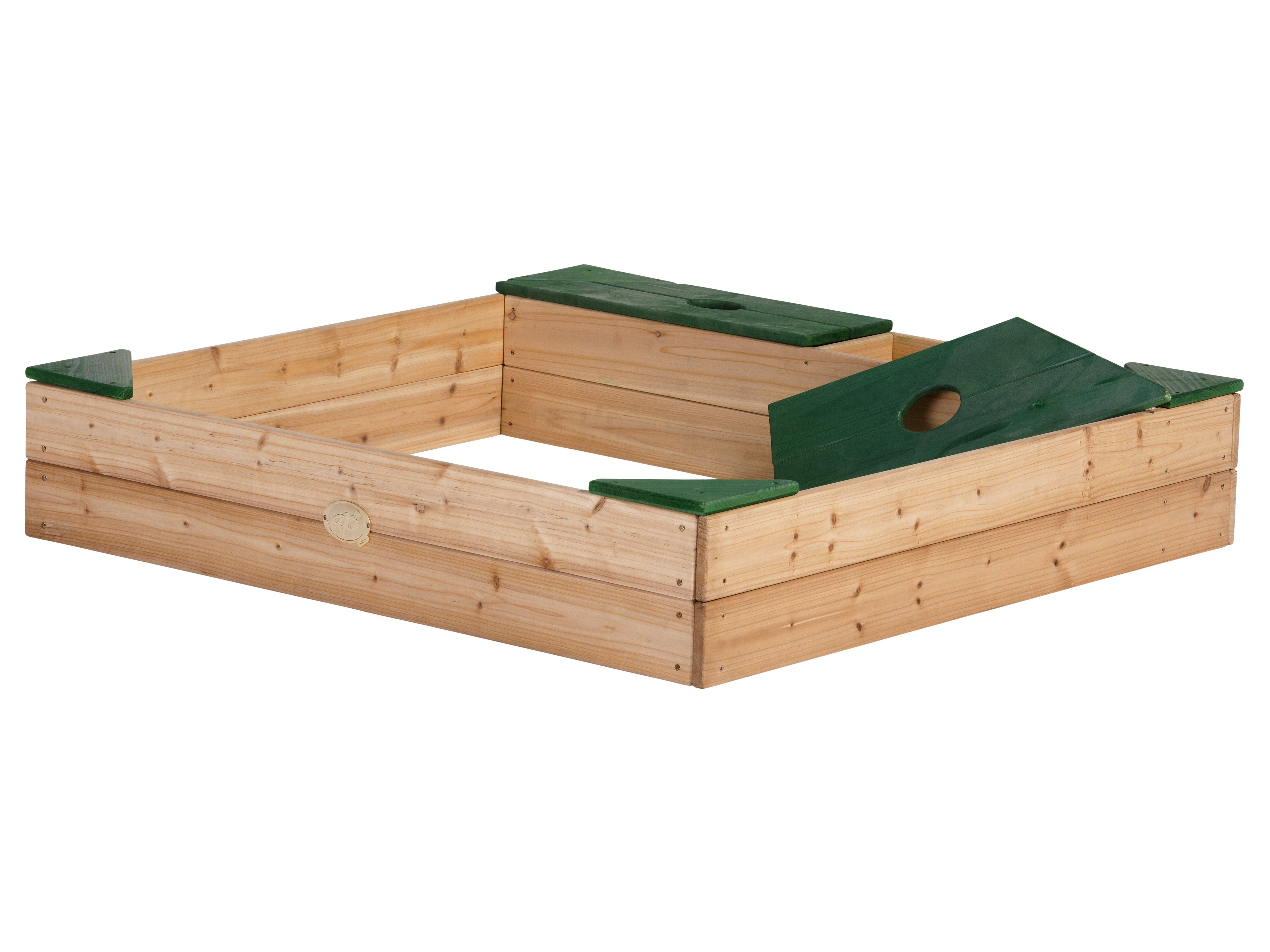 Bac à Sable enfant en bois avec Banc, Bâche & Rangements | marron / vert | AXI Amy 115 x 115 cm - 3