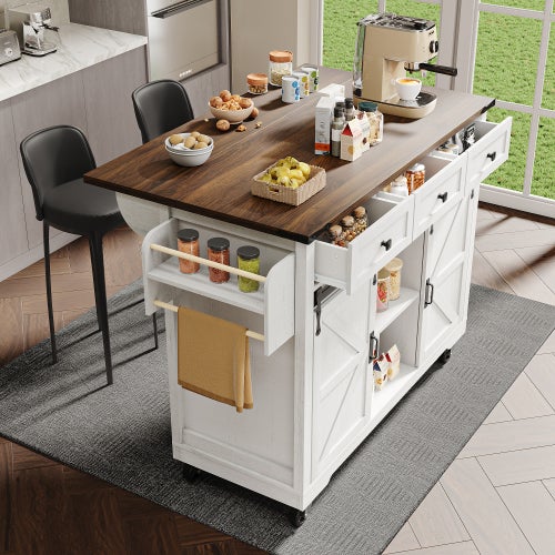 Carro de cocina beige con ruedas, bandeja abatible, 3 cajones y 2 puertas correderas, toallero y especiero - 3