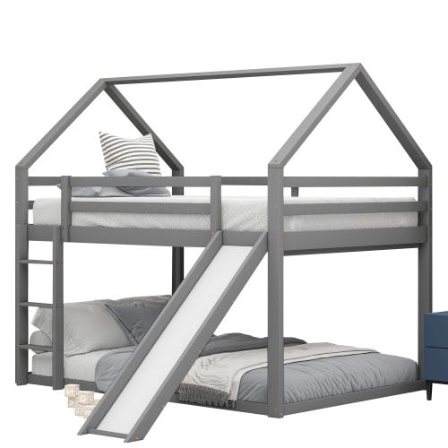 Lettino A Castello Con Scivolo E Scale Portaoggetti - Forma Di Casa - 140x200 Cm - Struttura In Legno Massello Bianco