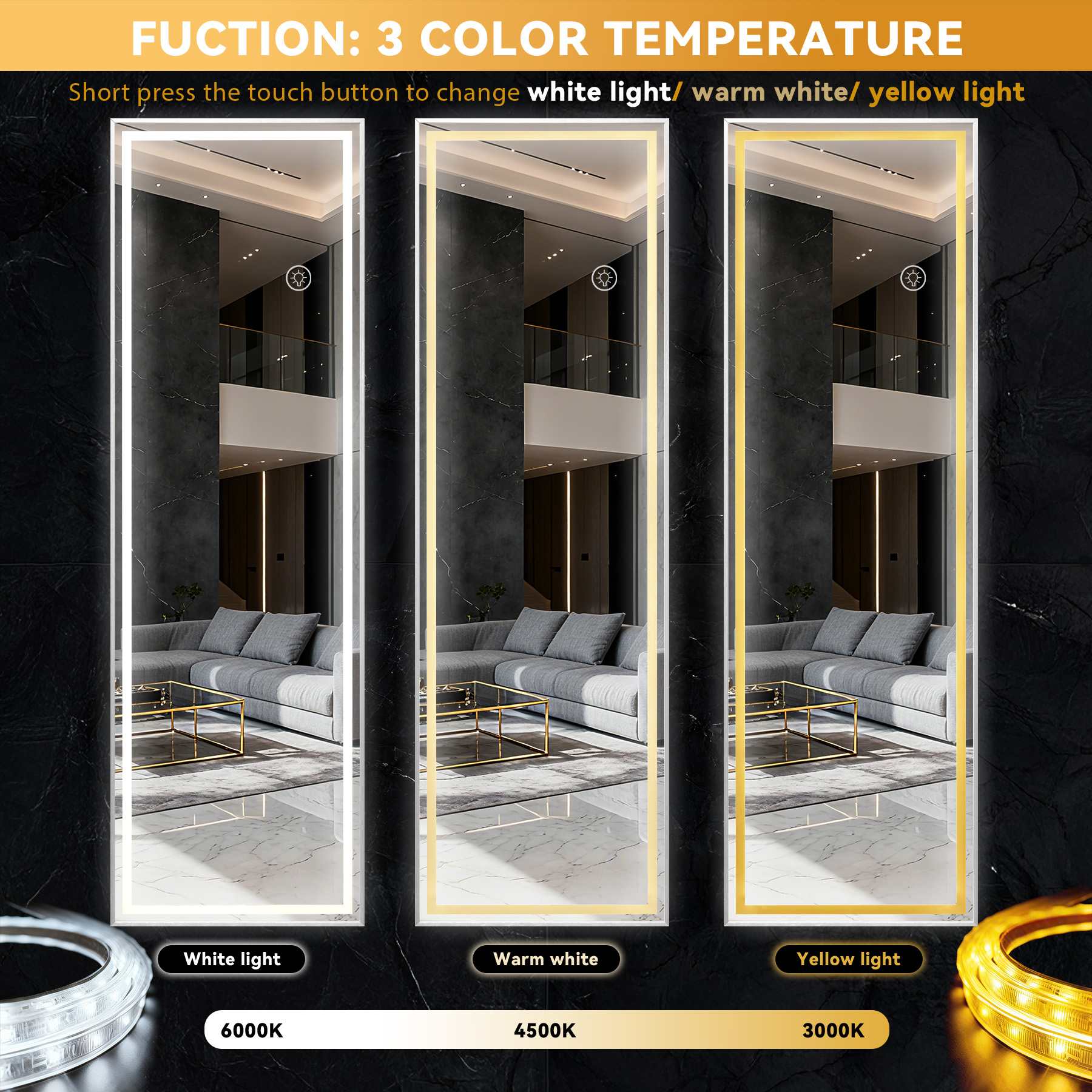 Miroir intelligent avec lumière LED 160×50 cm, miroir argent HD, 3 couleurs réglables, touche tactile pour maquillage et dressing - 5