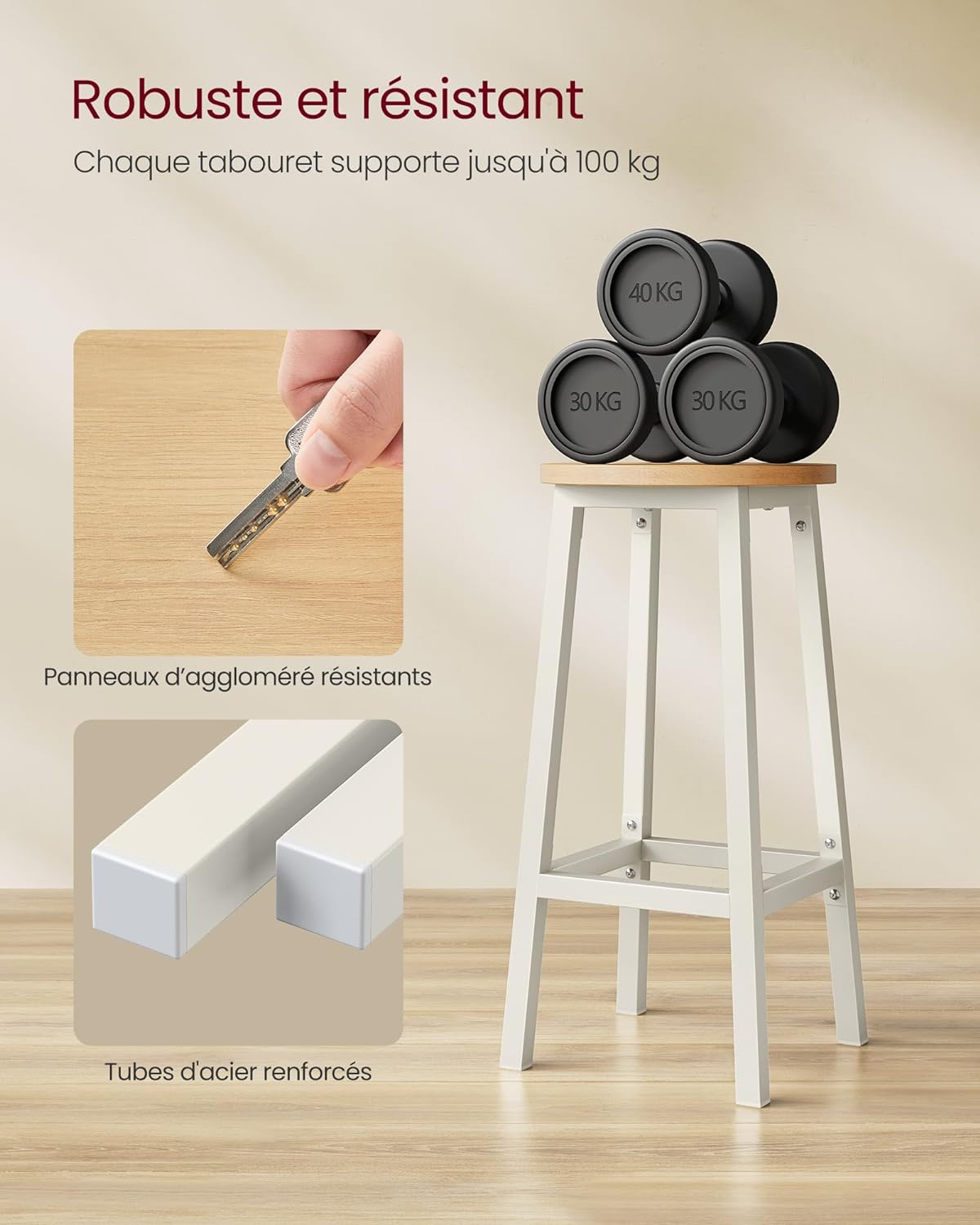 Tabouret de Bar, Lot de 4, Chaise de Cuisine, Siège Haut, pour Cuisine, Salle à Manger, Blanc - 4