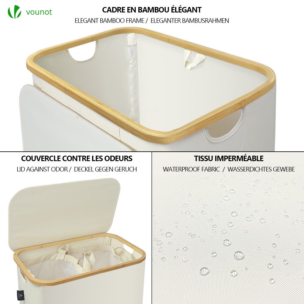 Panier à linge pliable avec roulettes 145L - avec 2 sac amovible et couvercle - cadre en bambou - beige - VOUNOT® - 2