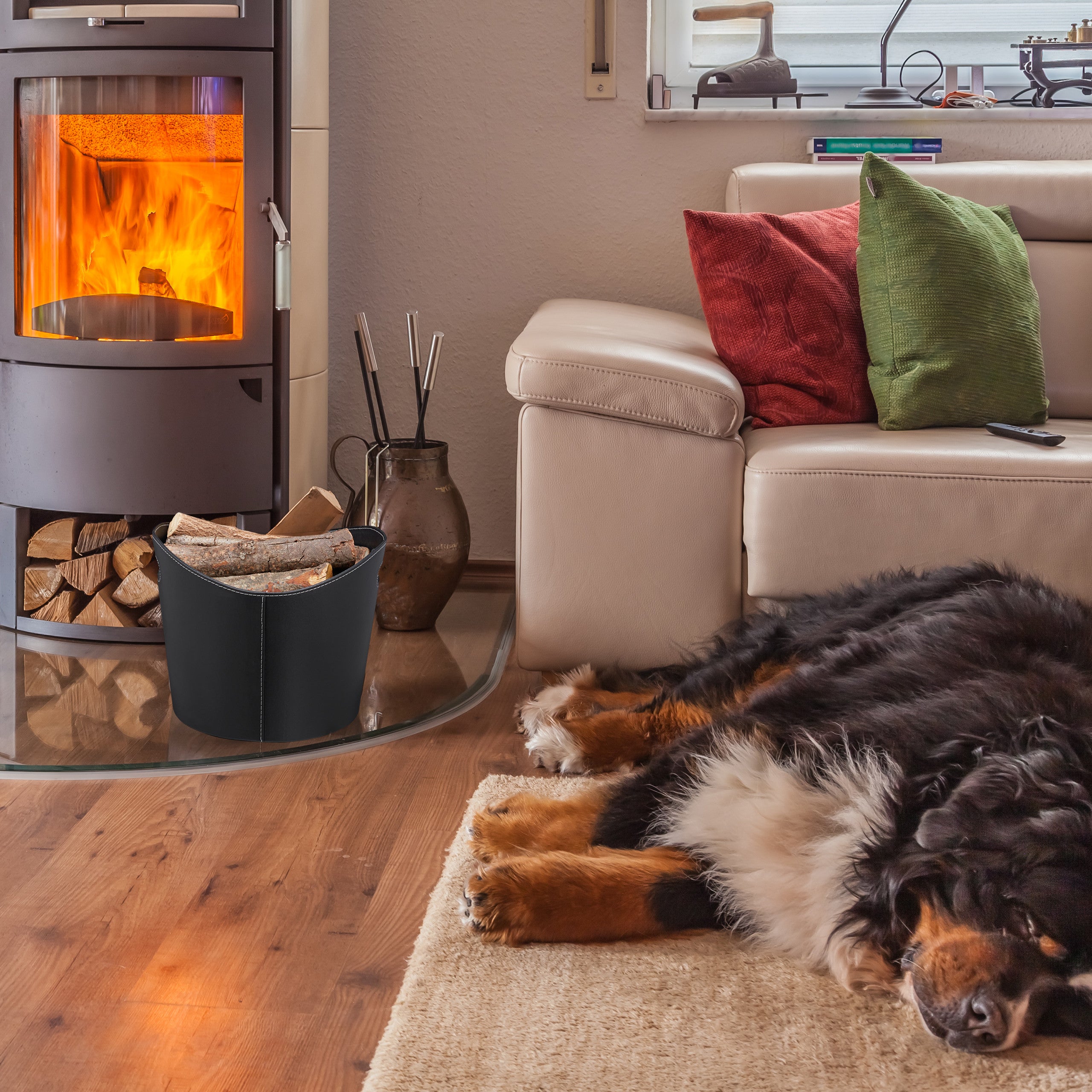 Relaxdays Panier à bûches L, Range bois de cheminée, Porte-revues porte-journaux similicuir, noir - 5