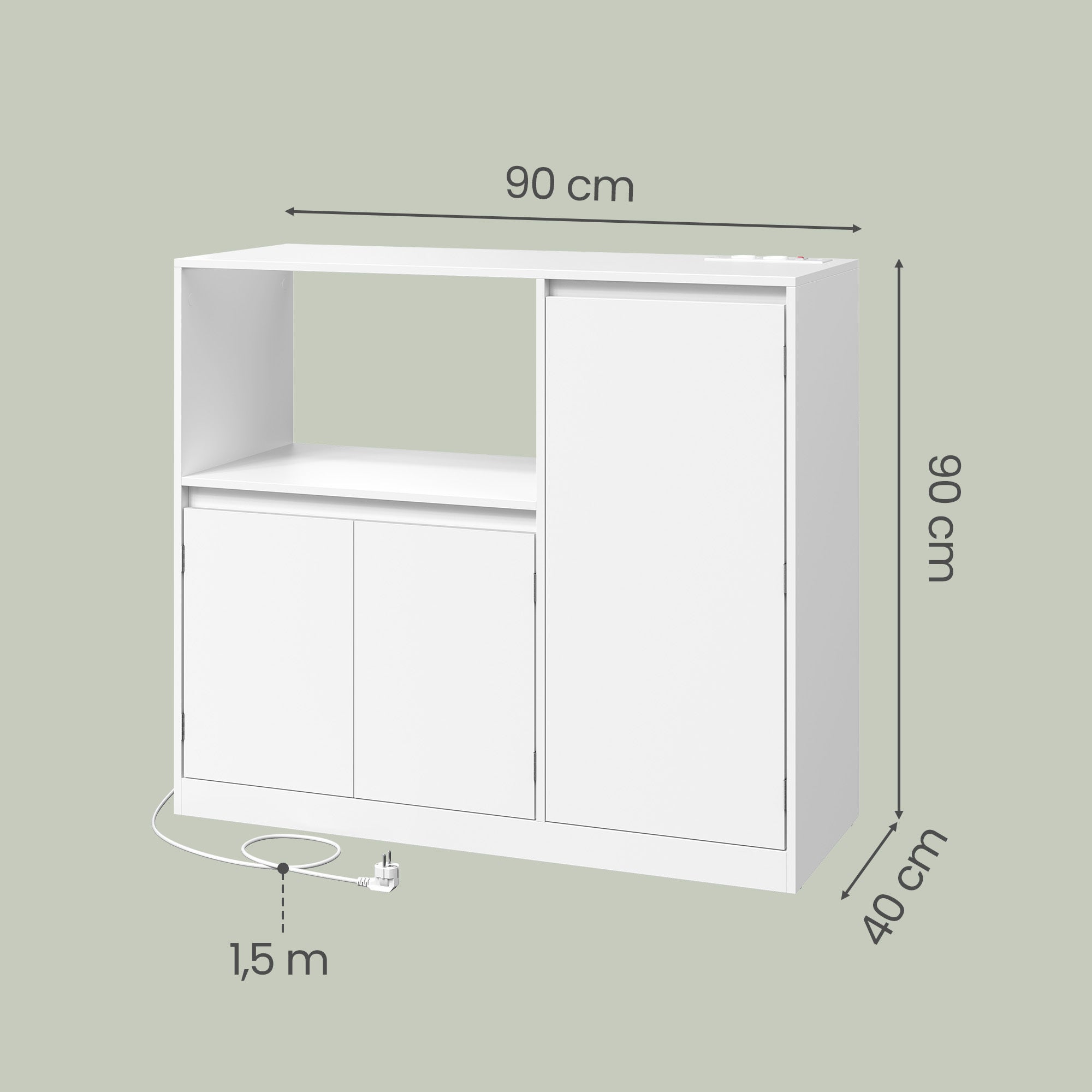 Armoire de Cuisine, Buffet avec Étagère Micro-ondes, 3 Portes, Plan de Travail, Compartiment Ouvert, Blanc - 5