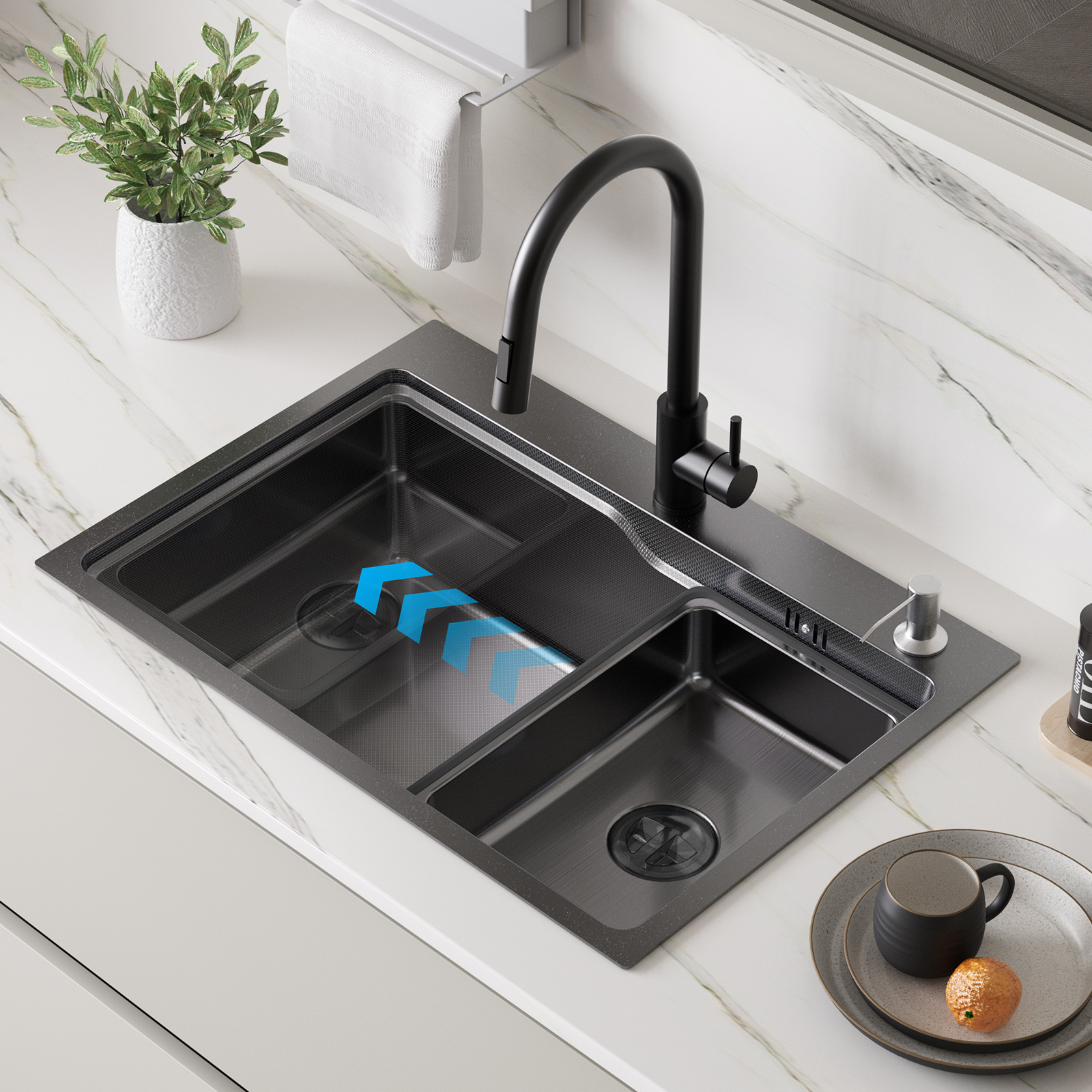 Auralum max Évier 1 Bac 68×48x21CM Évier Inox Noir avec Vasque + Distributeur de Savon - Évier à Encastrer/A poser - 2